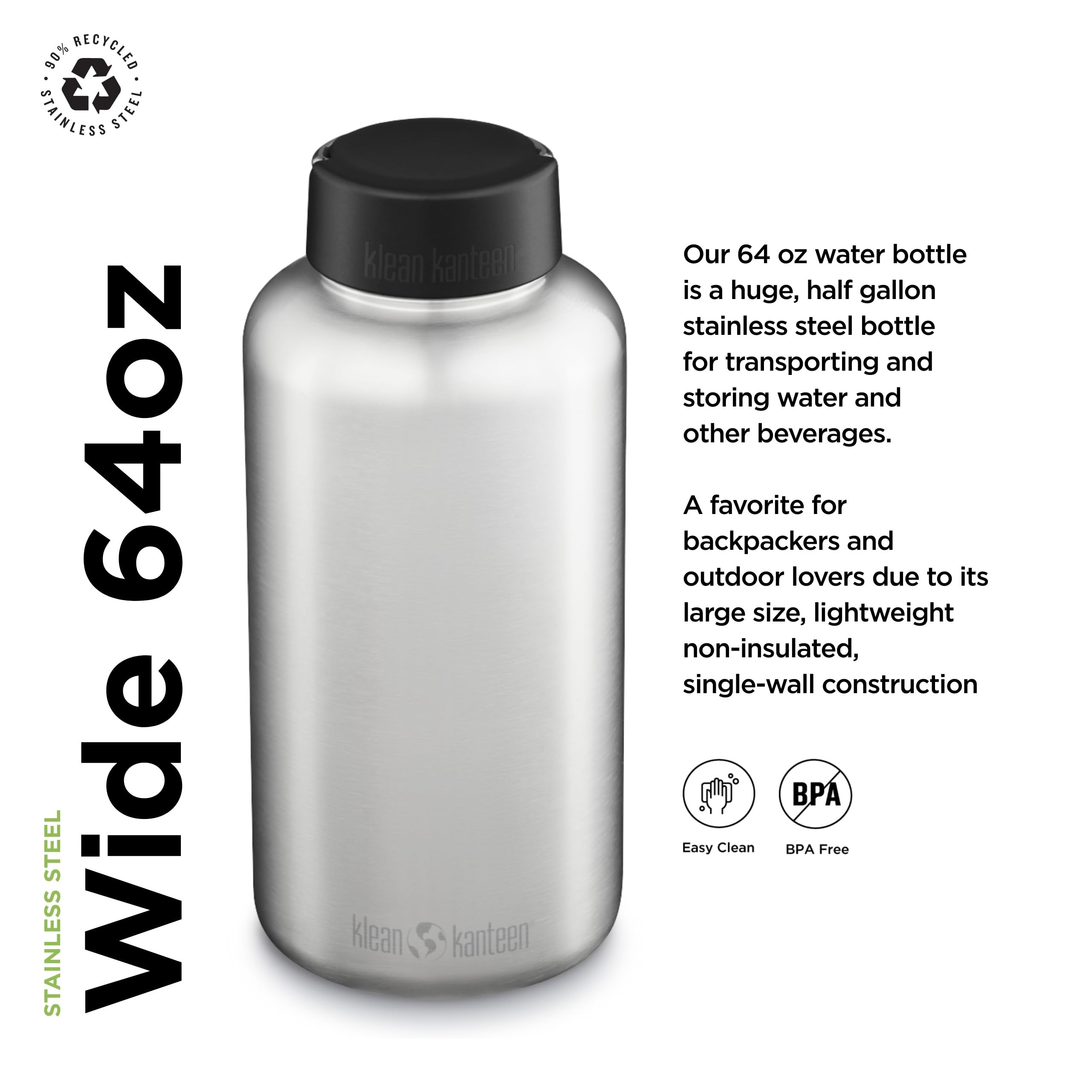 Klean Kanteen 64oz Wide Mouth Stainless Steel Water Bottle with Wide Loop Cap - Single Wall, Brushed Finish - Perfect for Hiking, Gym & Outdoor Activities
