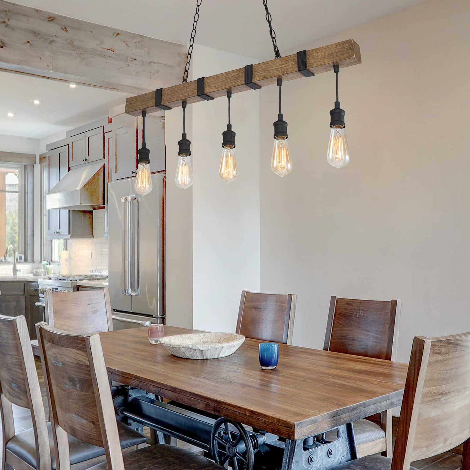Rustic Faux Wood Farmhouse Chandelier - 5-Light Pendant Lighting for Kitchen Island & Dining Room - Black Wires LOG BARN Kitchen Light Fixtures - Perfect for Country Style Homes and Cozy Restaurant Decor
