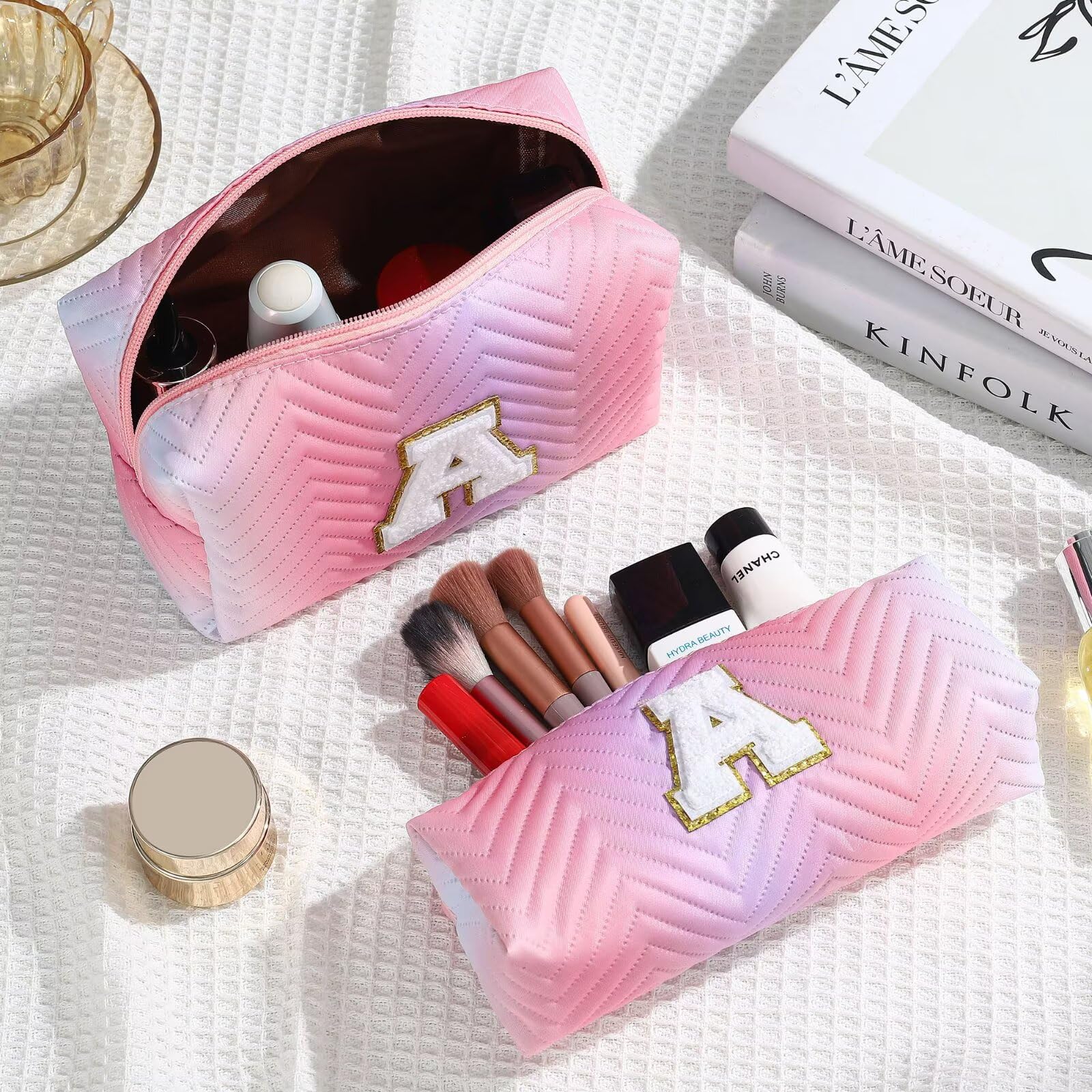 YOOLIFE Personalized Initial Pink Makeup Bag for Girls & Teen Girls - Cute Cosmetic Pouch for Travel, School, Birthday Gifts | Perfect for Makeup Storage, Sleepovers & Teen Essentials Organization