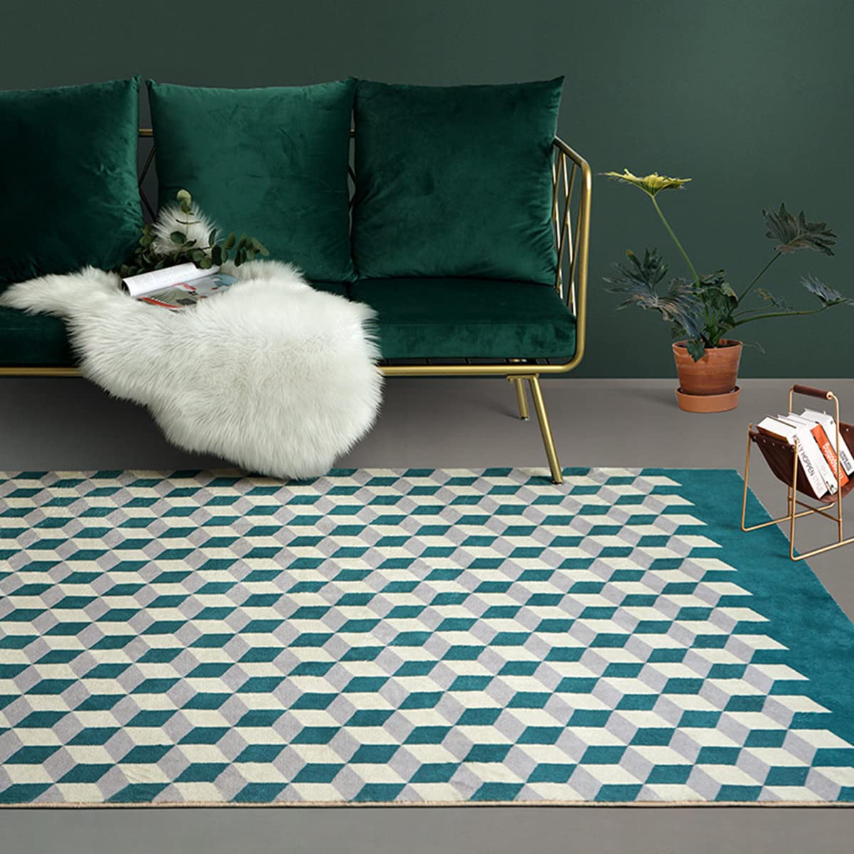 Teal Contemporary Trellis Geometric Area Rug - Non-Shedding Washable 7x10ft Large Rug for Bedroom, Living Room, Dining Room, Playroom - Boho Chic Floor Covering for Coffee Table, Porch & Doormat Use