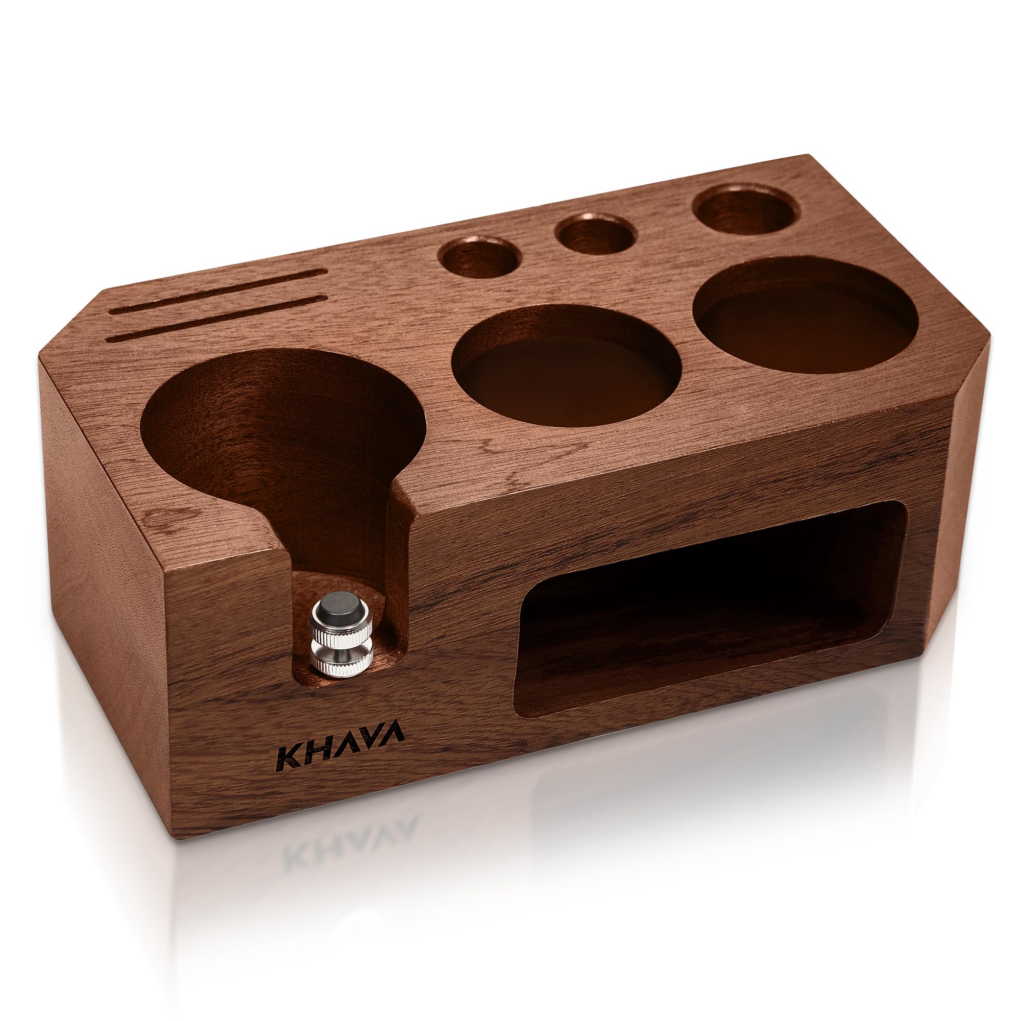 KHAVA Wooden Espresso Tamping Station 58mm - Coffee Bar Organizer for Countertop & Portafilter Holder