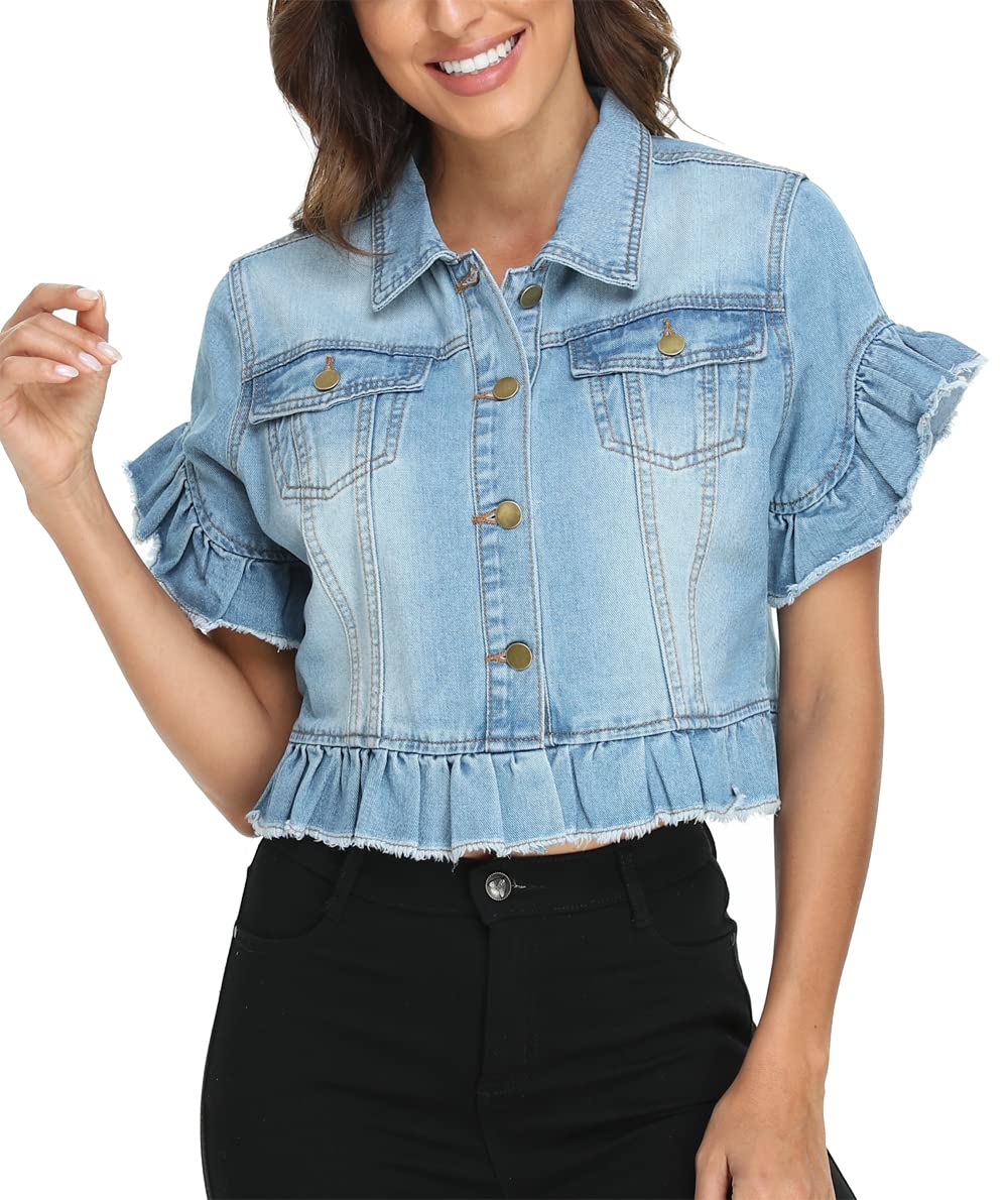 MISS MOLY Women's Distressed Cropped Denim Jacket with Ruffle Sleeves & Button Down - Stylish Summer Jean Jacket for Casual Outfits, Date Nights & Outdoor Activities