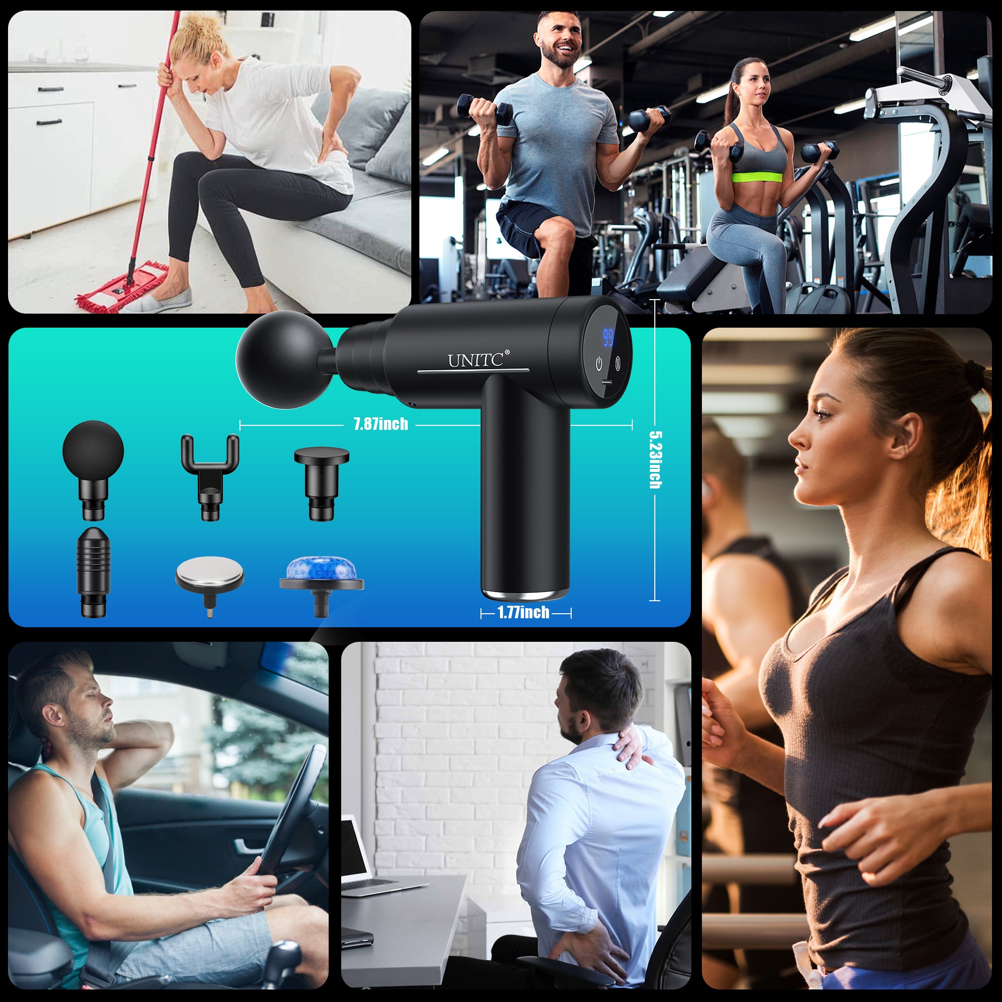 Unitc Handheld Massage Gun with Heat & Cold Therapy - Deep Tissue Massager for Back, Neck & Muscle Pain Relief - 6 Interchangeable Heads - Perfect Gift for Athletes & Office Workers - Use for Post-Workout Recovery & Stress Relief