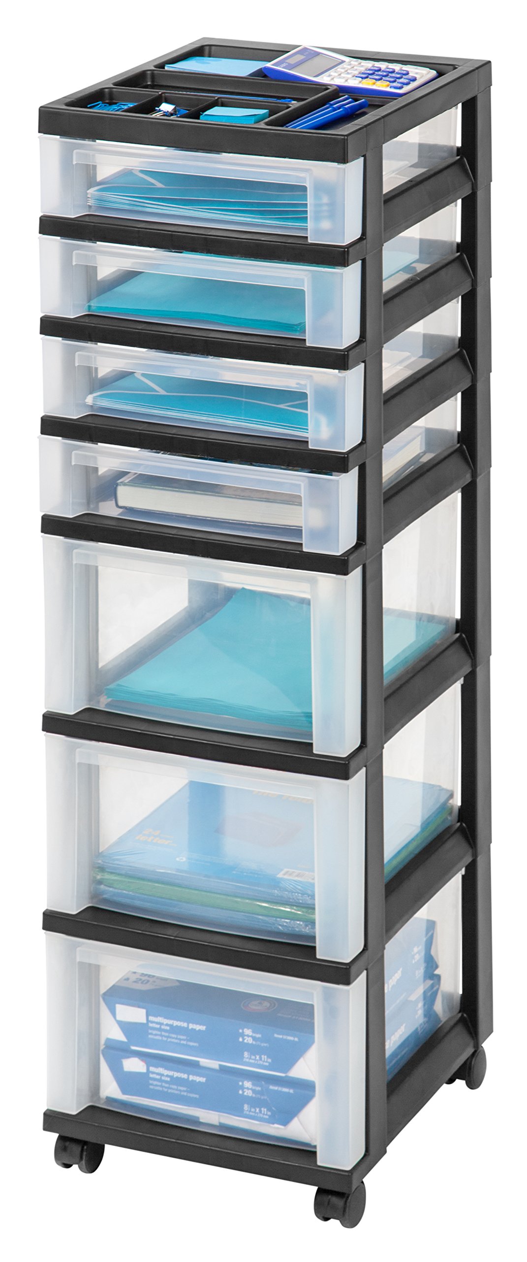 IRIS USA 7-Drawer Rolling Storage Cart with Wheels | Plastic Organizer for Classroom, Craft Supplies, Bathroom & Bedroom | Black/Clear | Perfect for Dorm, Laundry Room & Closet Organization