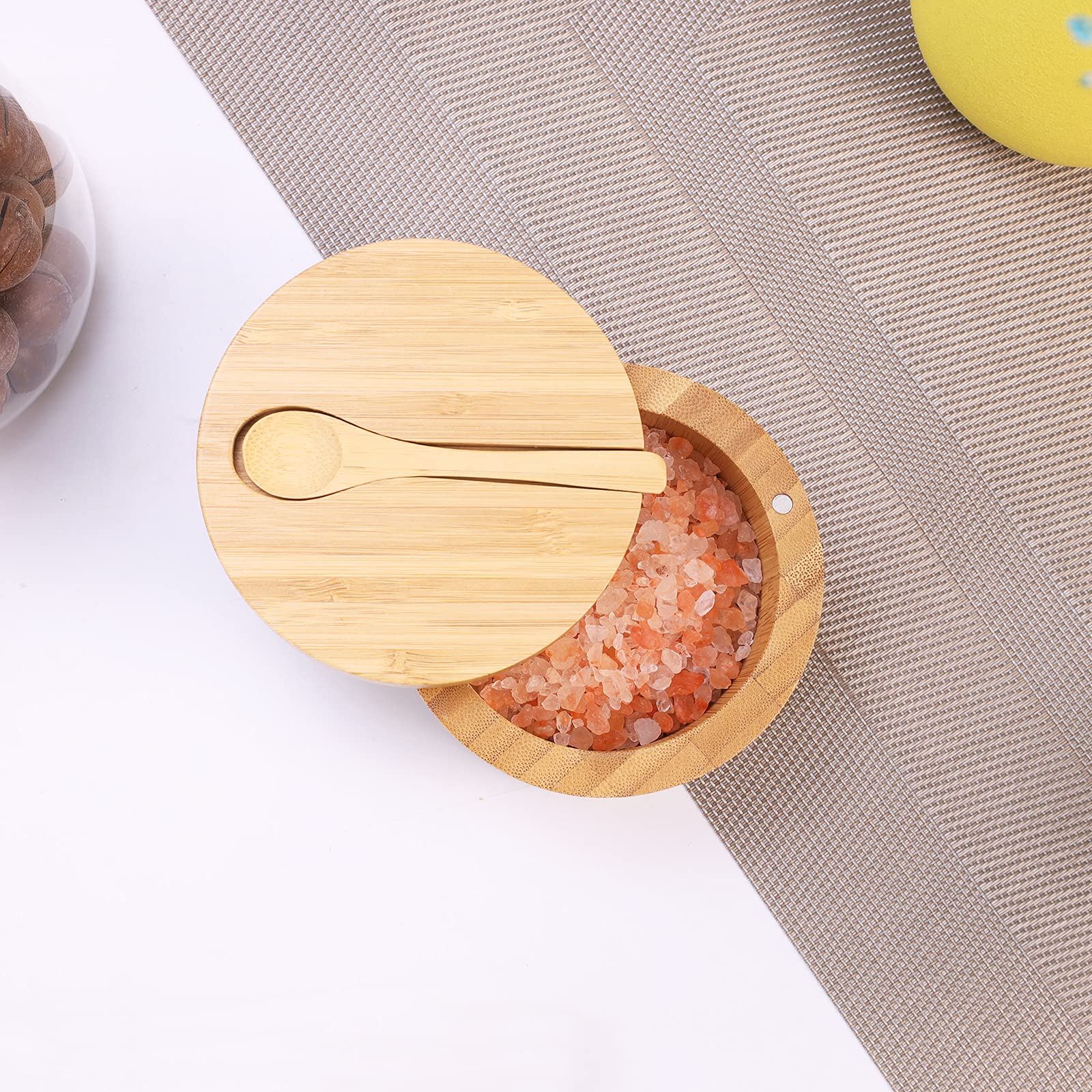 Premium Bamboo Salt Cellar with Mini Spoon - Magnetic Swivel Lid for Easy Access - Round Spice Container for Salt, Pepper & Bath Salts - Ideal for Kitchen, Dining & Home Decor