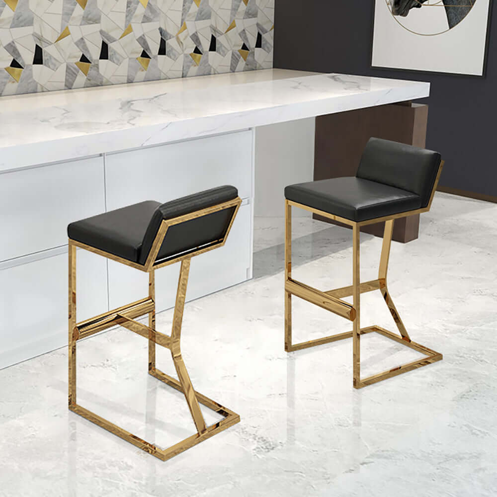 White PU Leather Bar Stool with Gold Legs & Footrest - Modern Counter Height Stool for Kitchen Island, Breakfast Bar & Home Decor