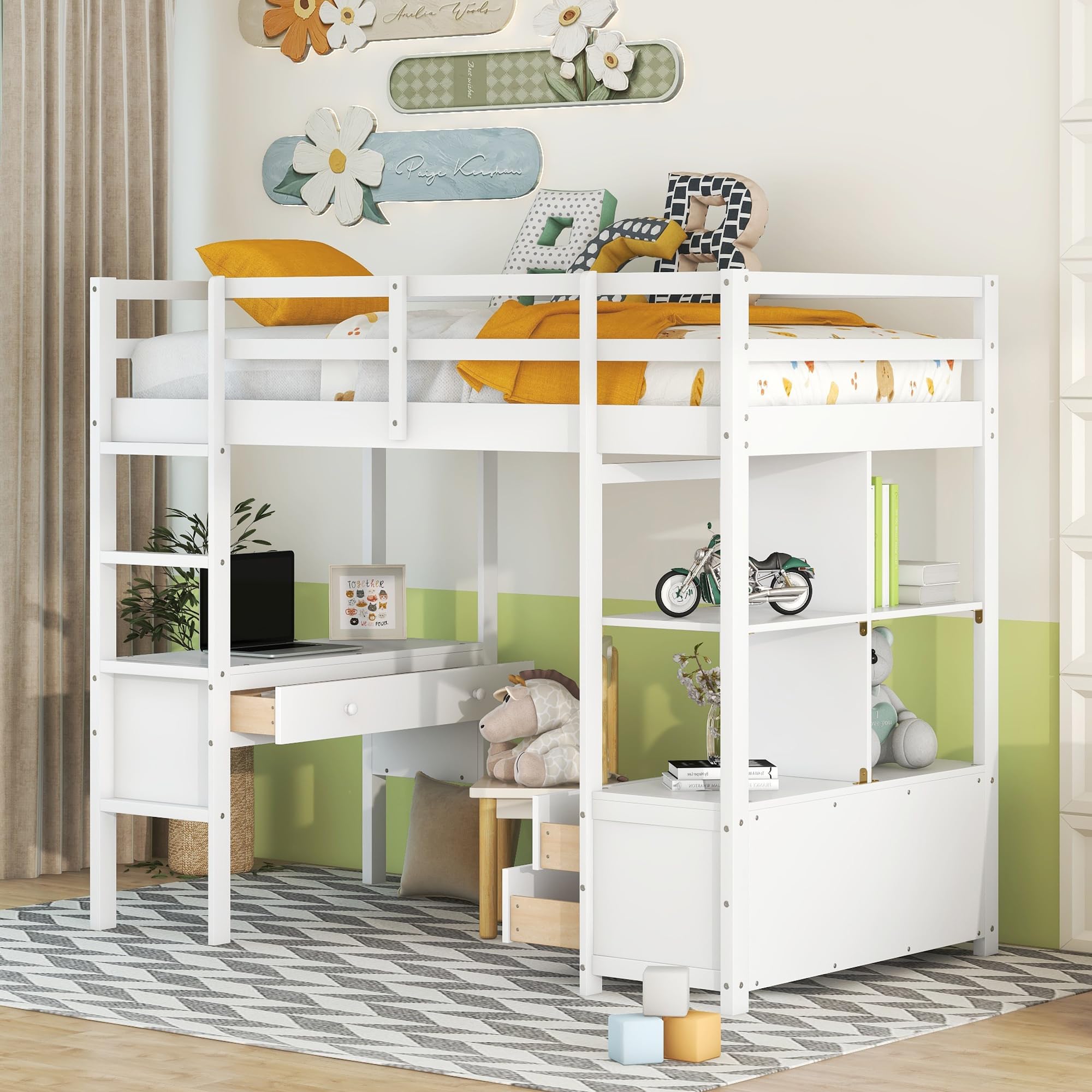 Harper & Bright Designs Solid Wood Twin Size Loft Bed with Desk, Bookshelf & Storage Drawers - Space-Saving Study & Sleep Solution for Kids, Teens & Adults - Perfect for Small Bedrooms, Dorms & Apartments (White)