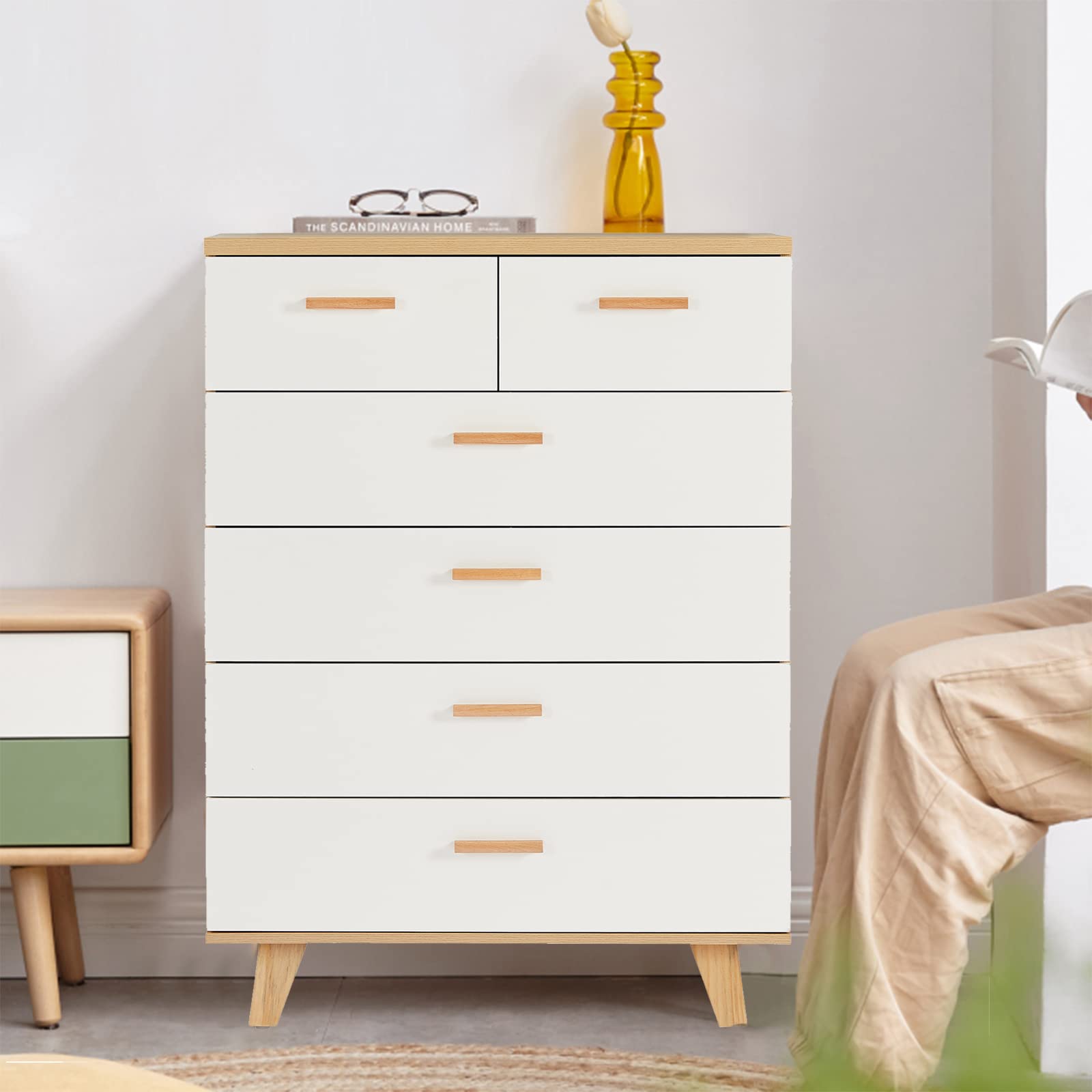 Modern 6-Drawer Dresser with Solid Wood Legs & Knobs - Large Storage Cabinet for Bedroom & Living Room | Wooden Chest of Drawers, Side Table & Furniture Organizer for Clothes, Bedding & Home Essentials