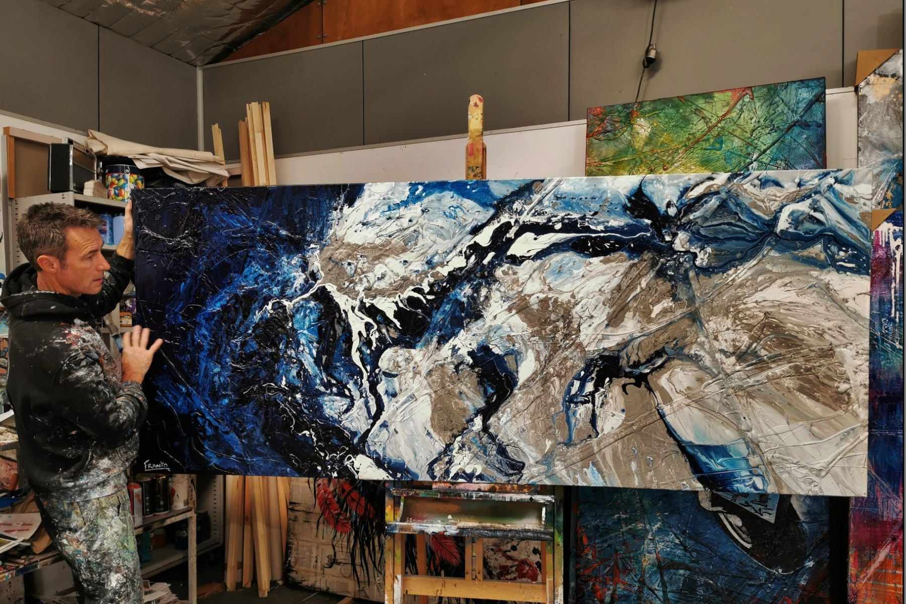 240cm x 100cm Blue Cream Textured Abstract Canvas Painting - Modern Romantic Wall Art for Living Room, Bedroom & Office Decor