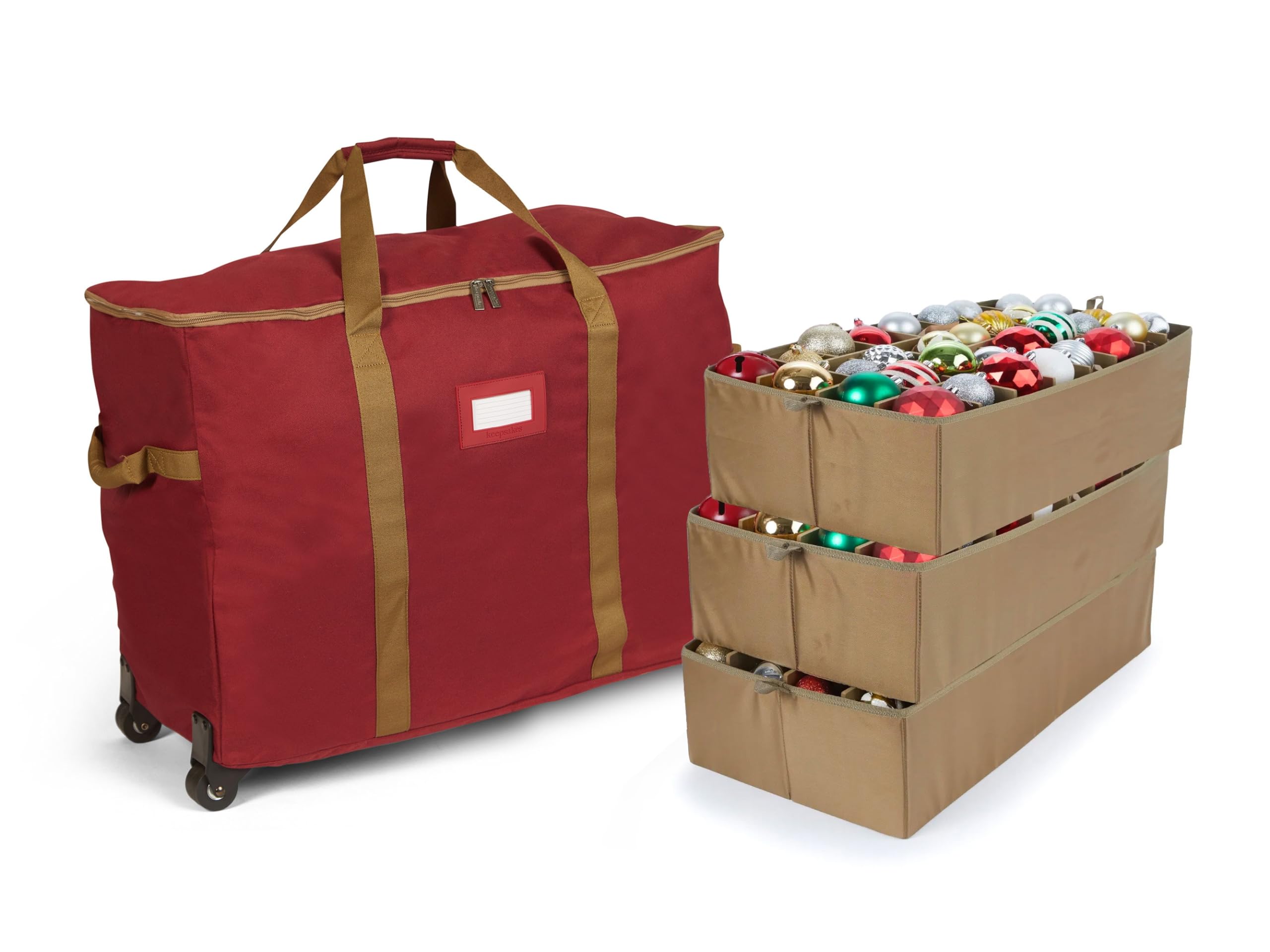 Covermates Keepsakes Rolling Adjustable Ornament Storage Bag with Carrying Handles - Padded Protection & Dual Wheels for Christmas Decorations - Holiday Organizer for Tree Ornaments, Wreaths & Seasonal Decor (Red)