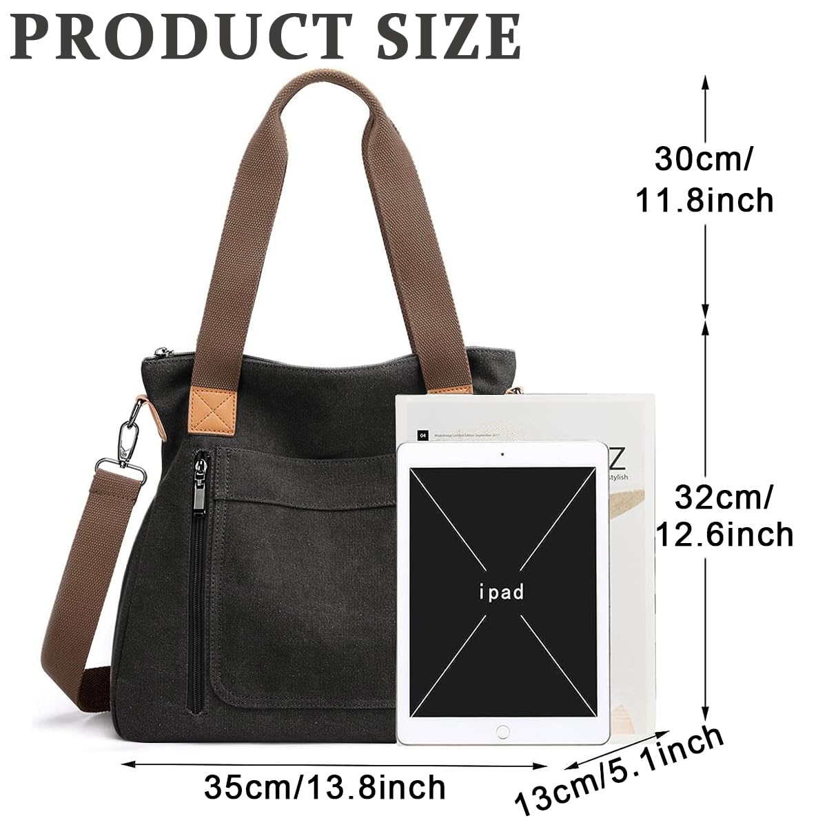 Venzina® Stylish Canvas Tote Bag for Women & Girls - Detachable Strap, Shoulder Bag with Zip Closure - Perfect for College, Travel & Everyday Use - Black Crossbody Handbag