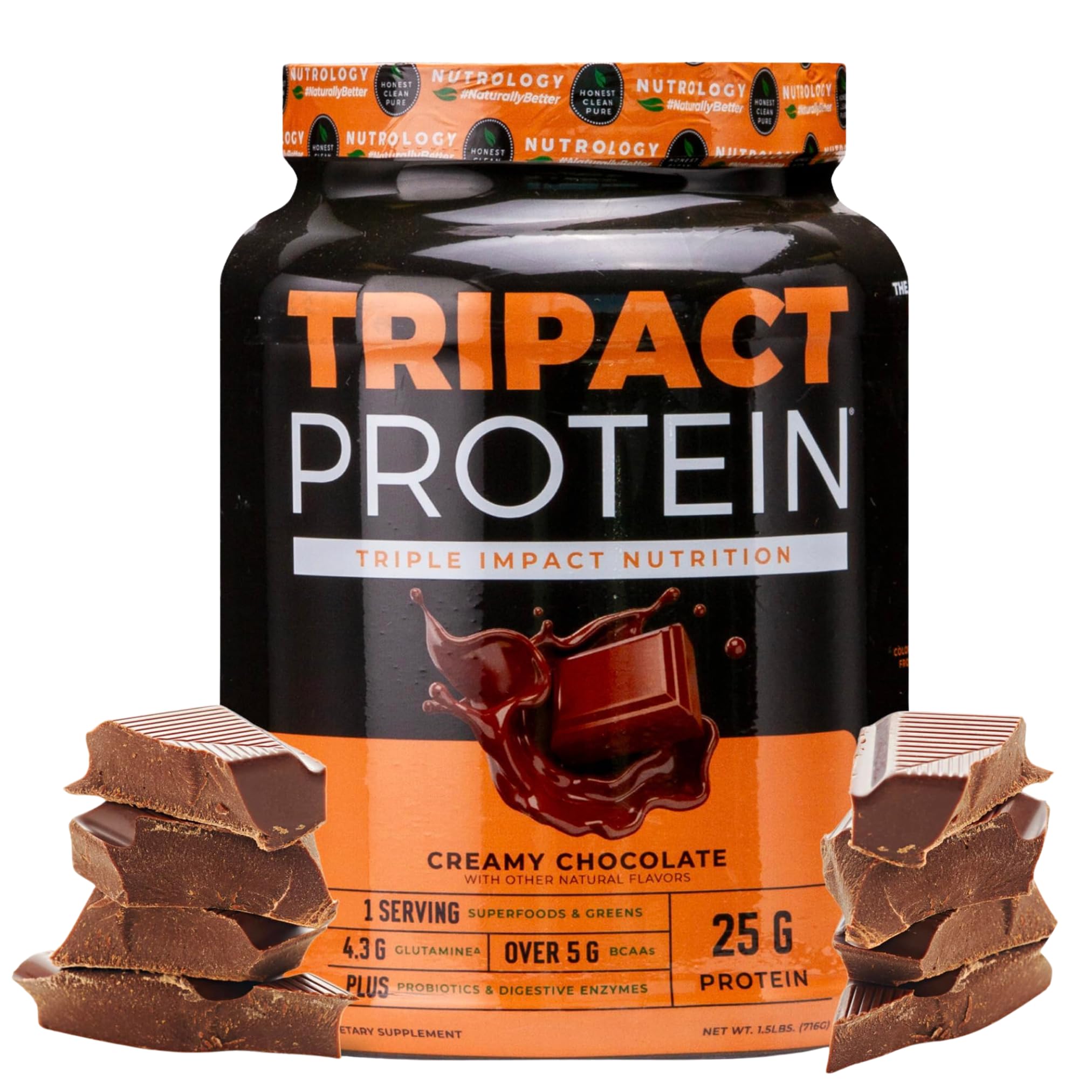 Nutrology TRIPACT Protein Powder - Creamy Chocolate Flavor | 7-in-1 Meal Replacement Shake with Grass-Fed Whey, Pea & Rice Protein, Greens, Probiotics & BCAAs | Amino Energy Boost | 20 Servings | Perfect for Post-Workout Recovery, Weight Management & Busy Lifestyles