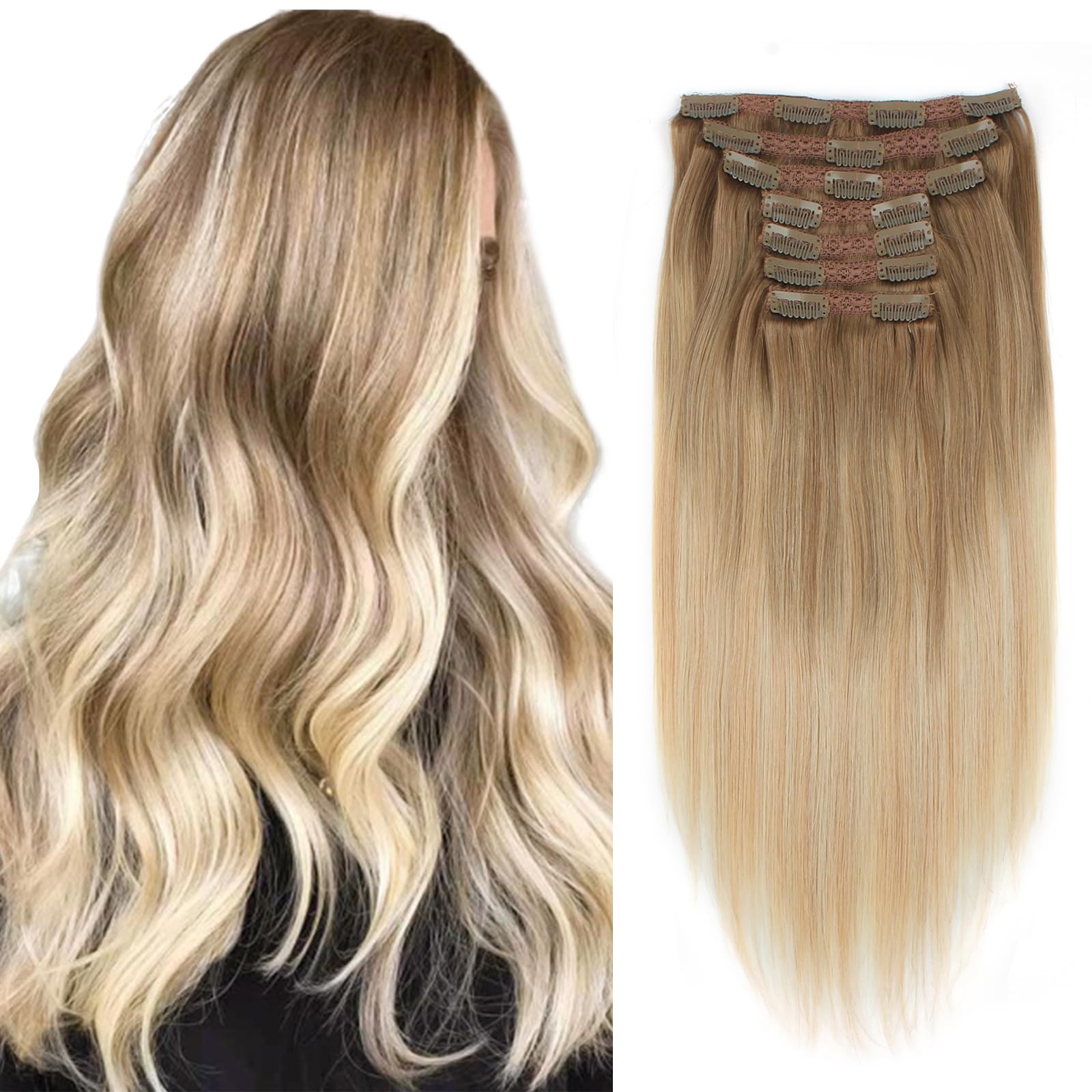 Sixstarhair Remy Human Hair Extensions Clip-In 16inch Balayage Ash Brown to Dirty Blonde & Ash Blonde 140g Full Pack [B8-18-60#] - Perfect for Parties, Weddings & Everyday Styling