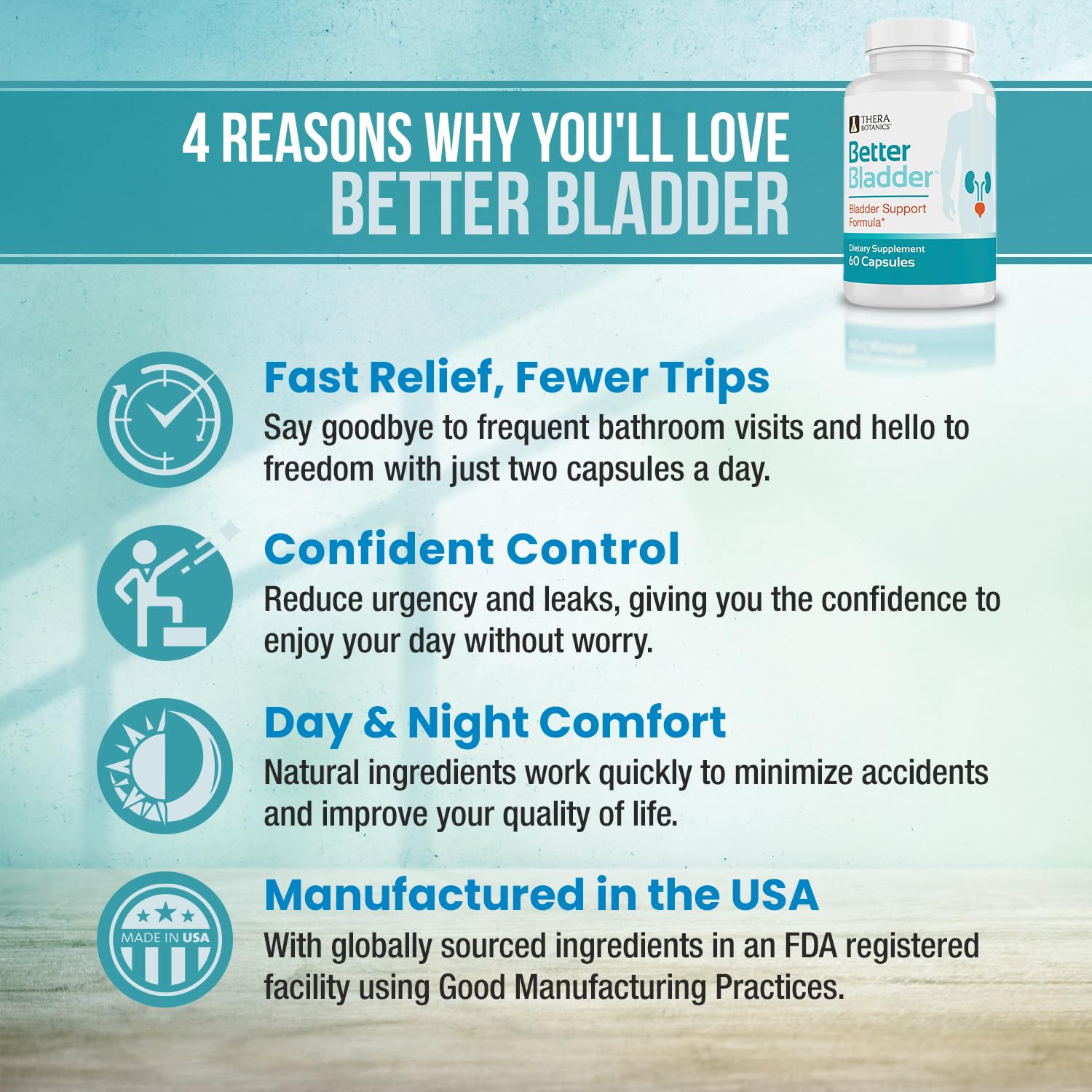 Bladder Control Supplement for Women & Men – Natural Support for Urinary Leaks, Frequency & Urgency Relief – 120 Capsules (2 Bottles) – Ideal for Active Lifestyle & Nighttime Comfort