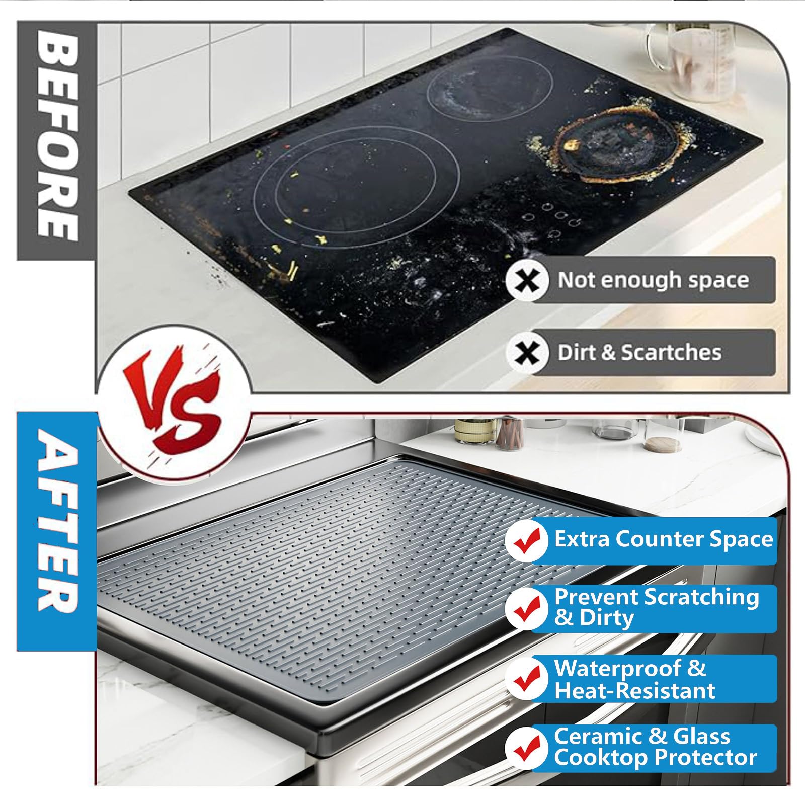 Silicone Electric Stove Top Cover - 28 x 20 Inch Extra Large Glass Cooktop Protector & Dish Drying Mat with 5 Hard Bristle Crevice Cleaning Brushes - Perfect for Kitchen Counter Protection & Spill Prevention