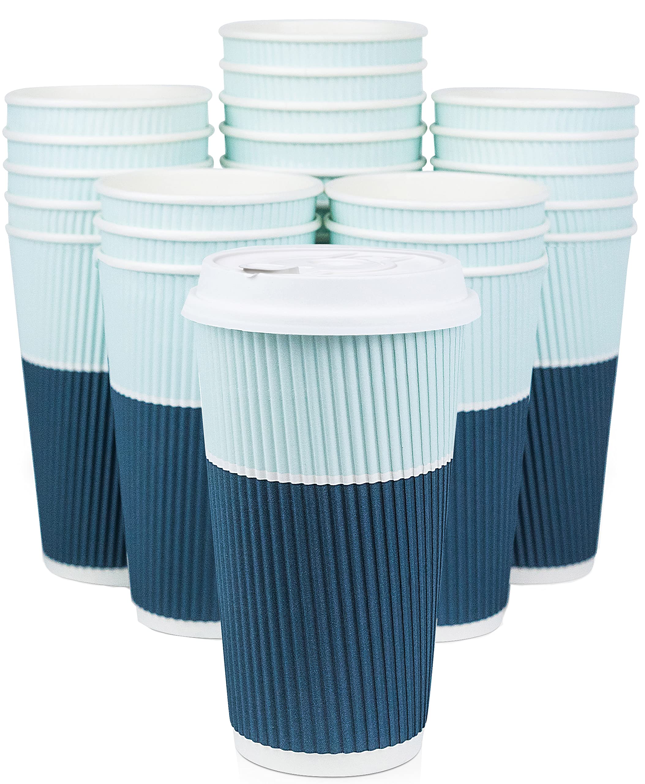 22 oz Disposable Coffee Cups with Lids - Insulated Travel To-Go Paper Cups for Hot & Cold Beverages, No Sleeve Needed (50 Pack, Ocean Blue) - Perfect for Coffee Shops, Office Break Rooms, and On-the-Go Travelers