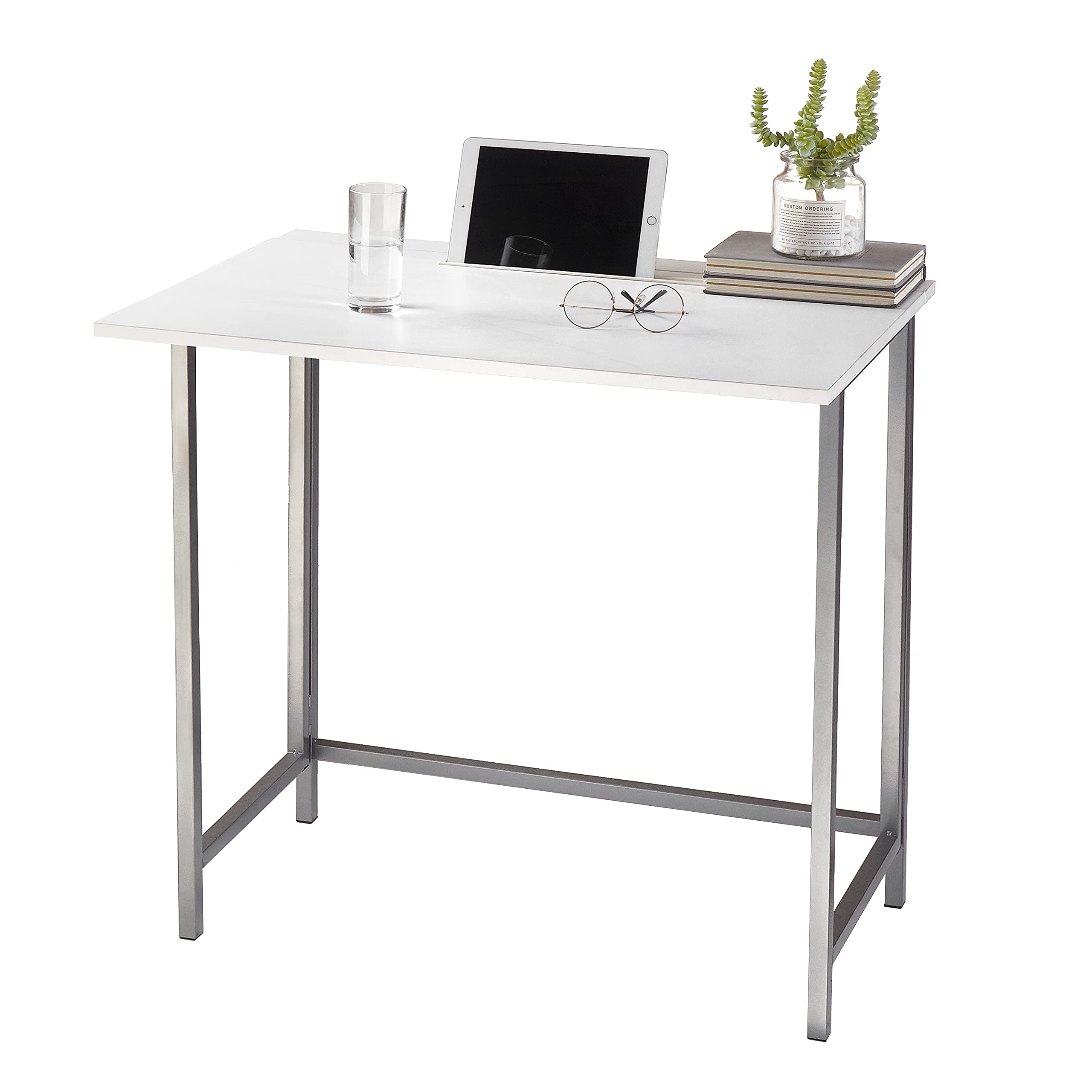 No-Tools Assembly Folding Desk with Tablet Slot - Compact Urban Workspace Solution for Small Apartments, Dorm Rooms & Home Offices - White Modern Study Desk