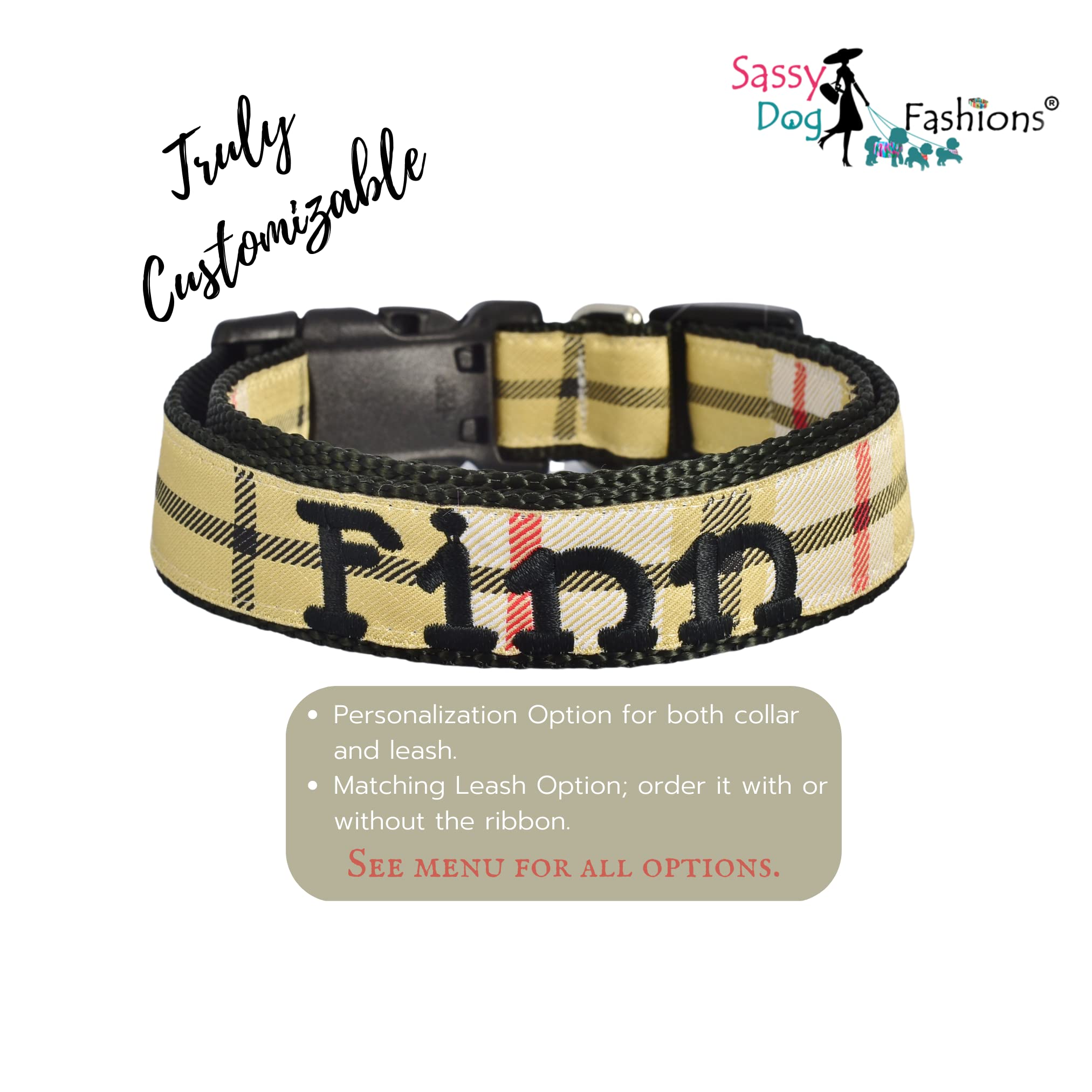 Personalized Plaid Dog Collar and Leash Set - Adjustable Tartan Collar for Small, Medium & Large Dogs - X-Large 1 x 17-29