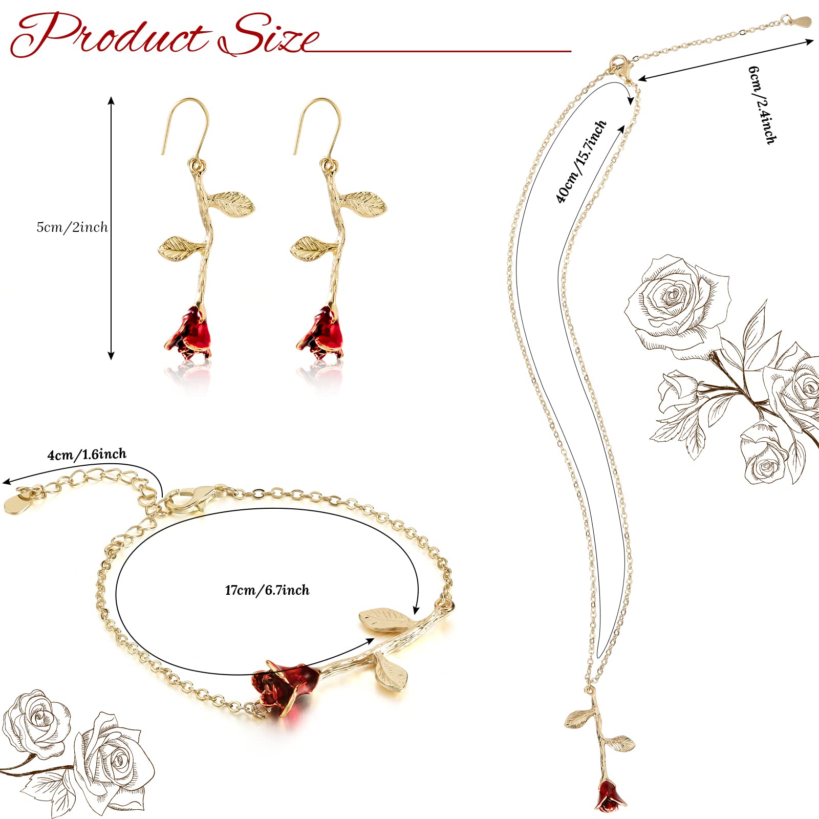 18K Gold Plated Rose Flower Jewelry Set - Necklace, Bracelet & Earrings for Women | Elegant Valentine's Day, Anniversary & Christmas Gift | Perfect for Date Nights, Parties & Special Occasions