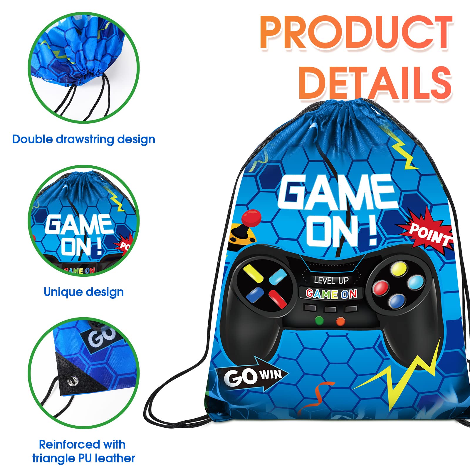 10 Pack Blue Video Game Drawstring Favor Bags 17x13 Inch - Perfect for Birthday Parties, Loot Bags, and Gaming Themed Events