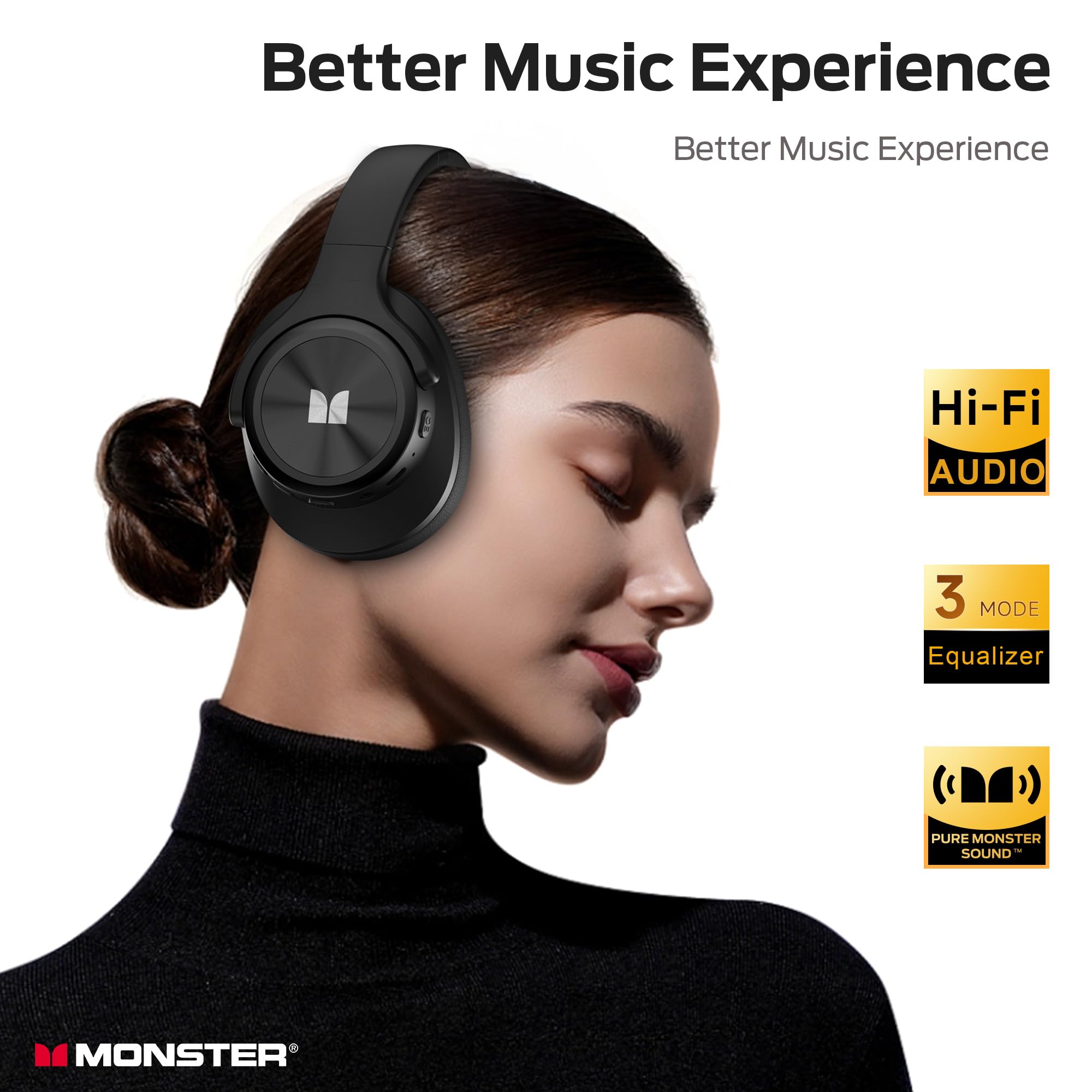 Monster Mission 200 Bluetooth Headphones - Wireless Over-Ear Headphones with 3 EQ Modes, HiFi Stereo Sound, Deep Bass, 70H Playtime, Low Latency, Foldable & Lightweight Design for Home, Office, Gaming, Travel, and Phone Calls