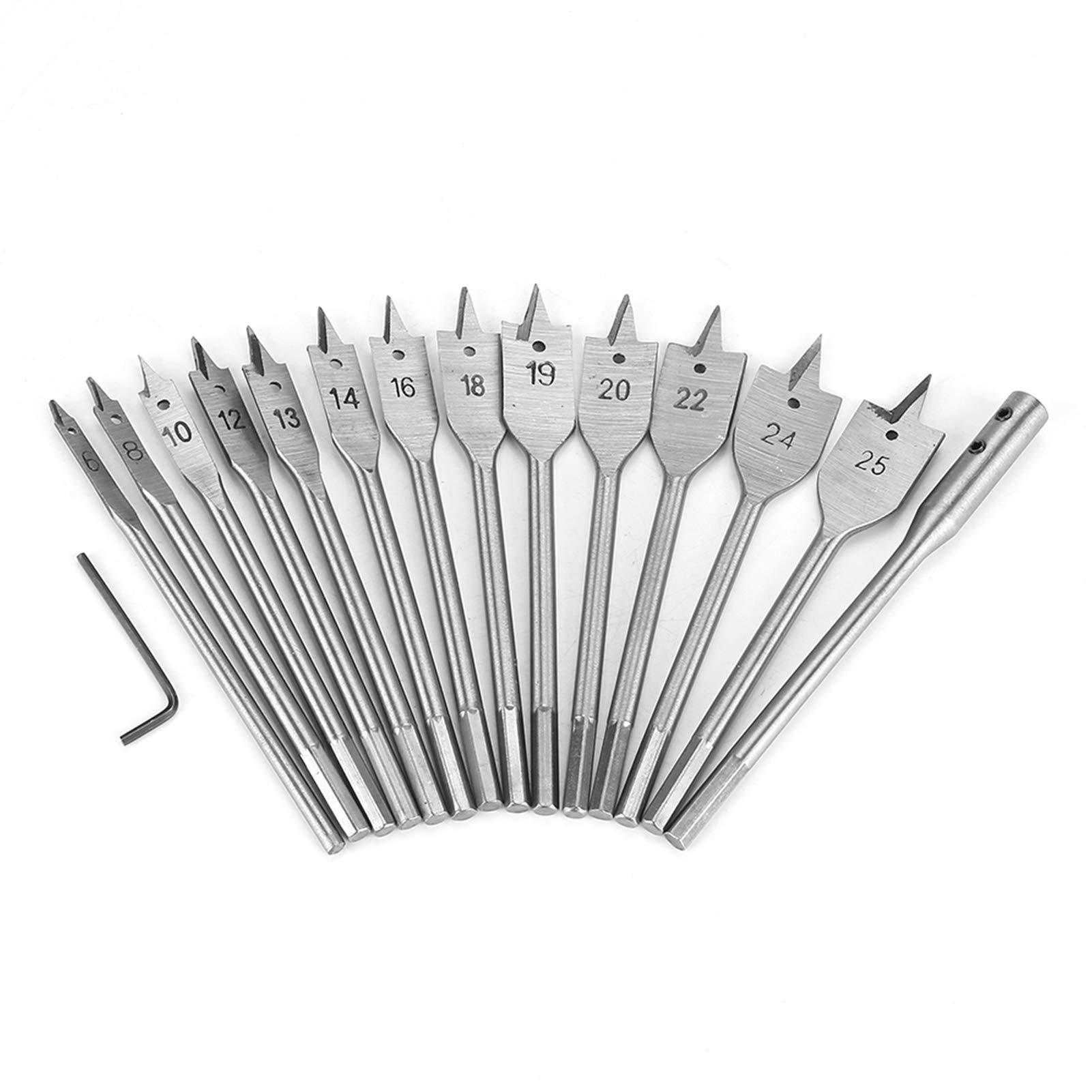 15pcs Carbon Steel Hex Shank Spade Flat Wood Drill Bit Set (6-25mm) - High Performance Woodworking Hole Saw for Power Tools | Perfect for DIY Projects, Furniture Making & Carpentry Work