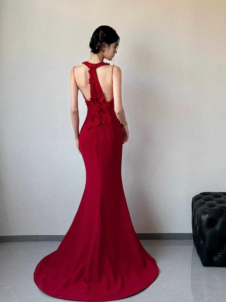 Elegant Mermaid Red Formal Party Dress with 3D Floral Appliques - Perfect for Evening Gala, Prom, Wedding Guest & Special Occasions