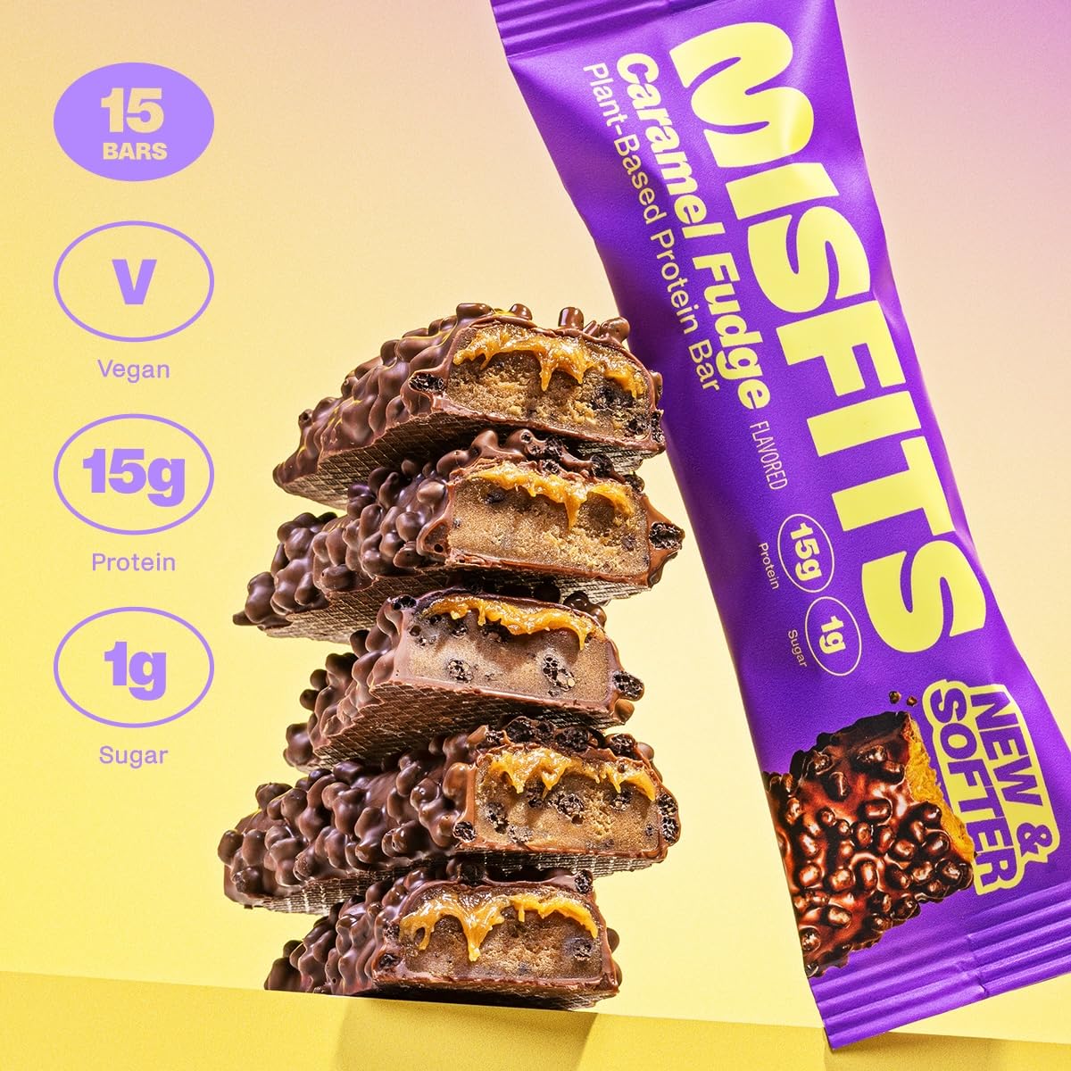 Misfits Vegan Protein Bars - Caramel Fudge Flavor | Plant-Based, Low Sugar & Low Carb, High Fiber Healthy Snacks | Pack of 15 | Perfect for Post-Workout Recovery, Keto Diet & On-the-Go Nutrition