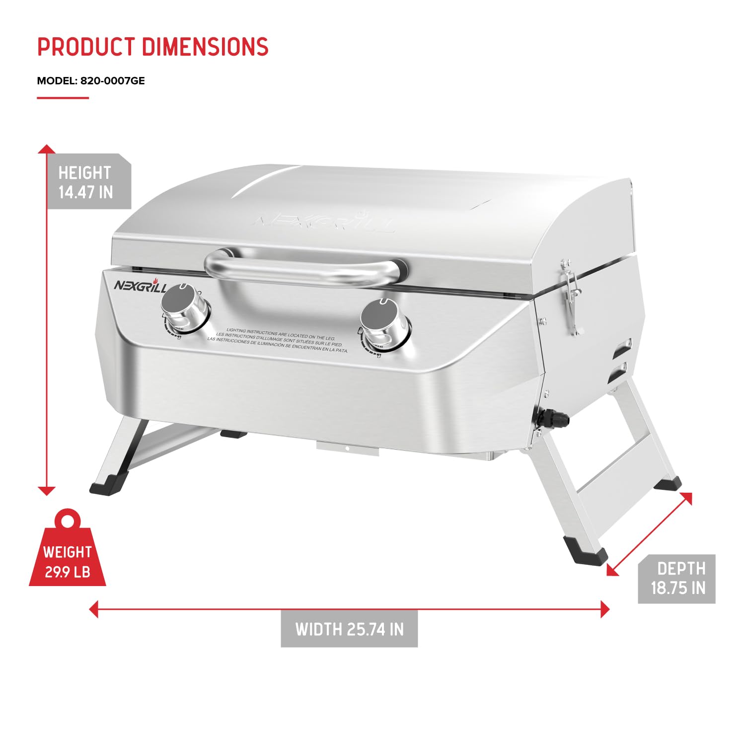 Nexgrill 2-Burner Portable Gas Grill - Stainless Steel, 20,000 BTU, 251 Sq In Cooking Space with Locking Lid & Folding Legs - Perfect for Camping, Backyard BBQs, Tailgating, and Outdoor Cooking (Model 820-0007GE)