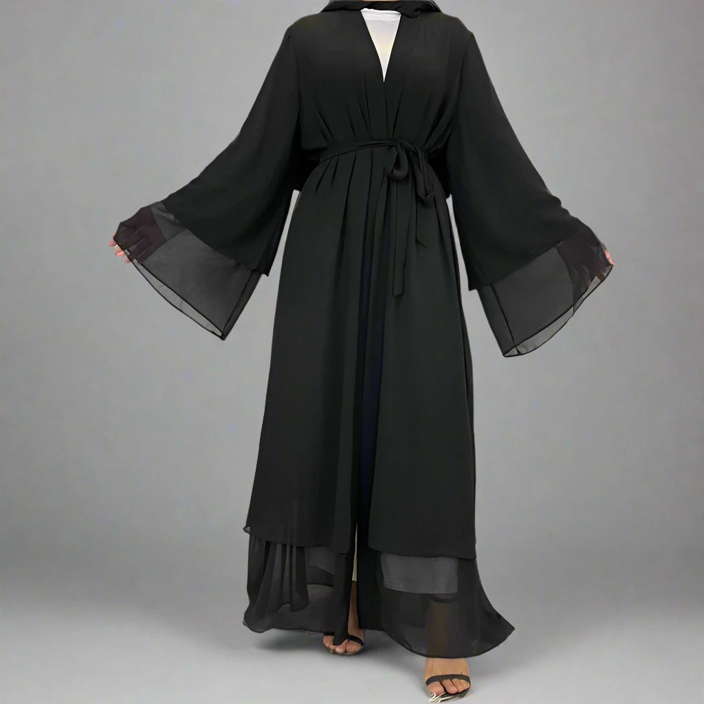 Elegant Dubai Solid Color Chiffon Muslim Abaya Dress - Lightweight Open Front Cardigan for Women | Perfect for Prayer, Mosque, and Special Occasions