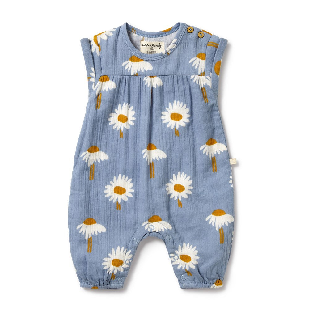 Organic Daisy Floral Crinkle Jumpsuit for Baby Girls - Soft & Breathable Romper for Playtime, Photo Shoots & Special Occasions