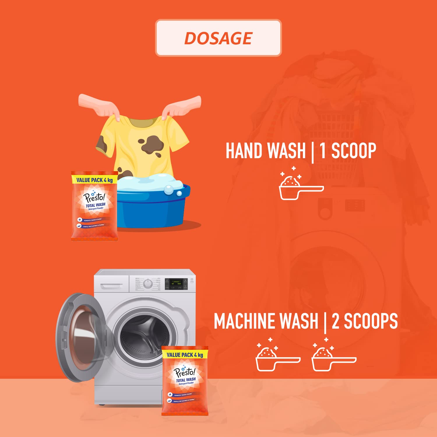 Presto! Total Wash Detergent Powder 4kg - Heavy Duty Stain Remover | Gentle on Fabrics | Fresh Scent | Machine & Hand Wash | Bleach-Free Laundry Detergent | Perfect for Everyday Clothes, Baby Wear & Delicates