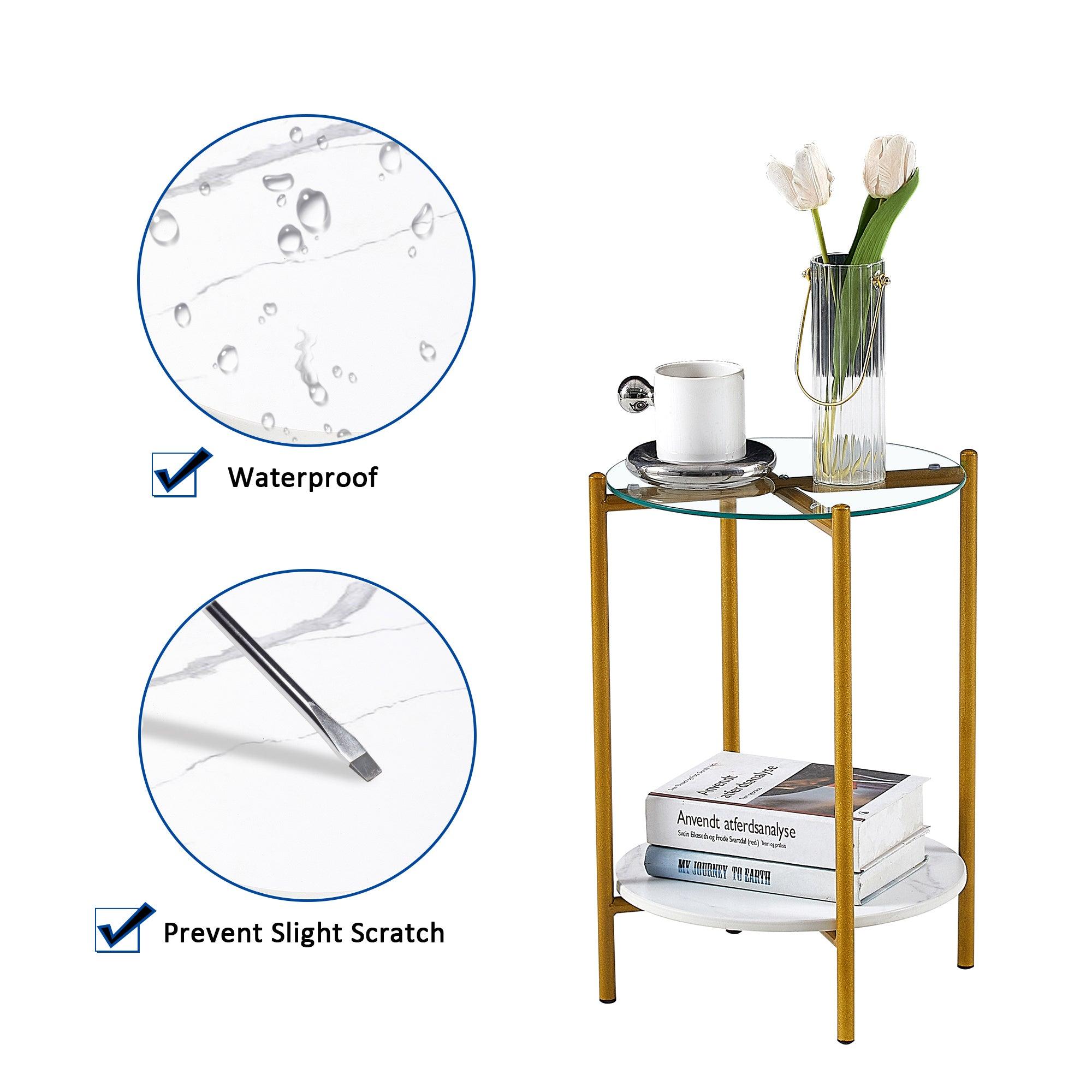 2-Tier Round End Table with Tempered Glass & Marble Top - Gold Metal Frame Accent Table for Living Room, Bedroom, Office - Perfect for Coffee, Books & Decor Display