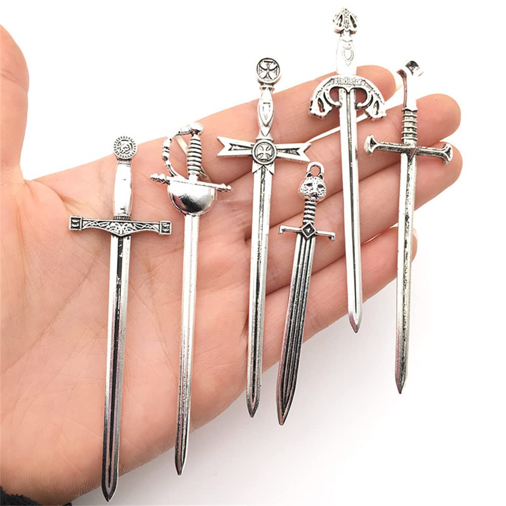 6Pcs Tibetan Silver Antique Sword Knife Charms - DIY Jewelry Making Supplies for Necklaces, Bracelets & Bookmarks - Perfect for Crafting, Gifts and Medieval Theme Accessories