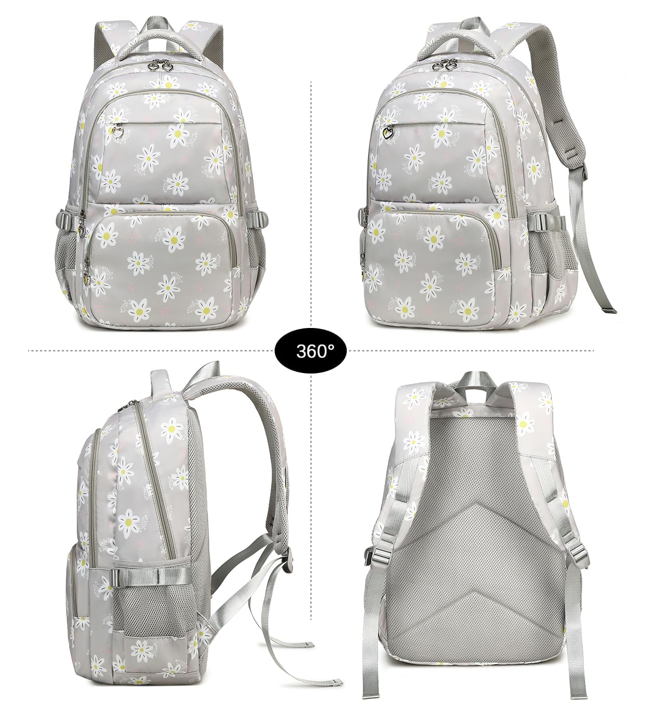 Joyfulife 3Pcs Cute Daisy Print Backpack Set for Girls - Lightweight School Backpack with Lunch Box, Elementary Student Bookbag for Daily Use, School, Travel & Outdoor Activities