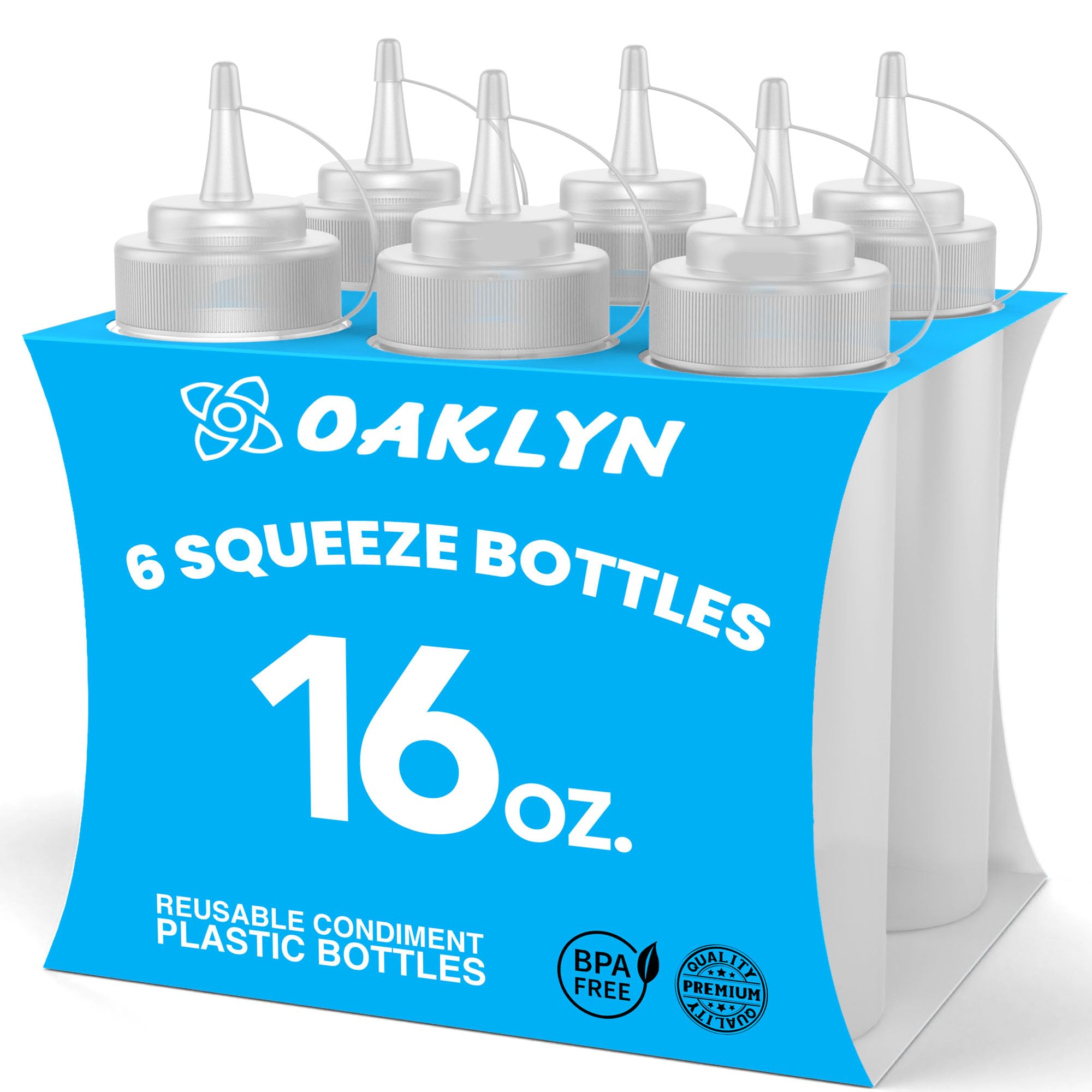 Oaklyn 16oz Squeeze Bottles (6 Pack) - BPA-Free, Leak-Proof Reusable Condiment Bottles for Sauces, Dressings & Liquids | Easy-Clean Plastic Bottles with Precision Nozzle | Perfect for Kitchen, BBQ, Restaurants & Meal Prep