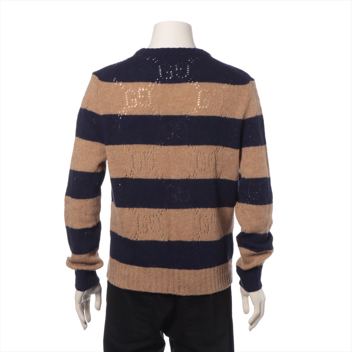 Gucci GG Logo Perforated Striped Knit Sweatshirt - Brown & Navy Blue Pullover for Men | Casual Wear, Street Style & Luxury Fashion Outfits