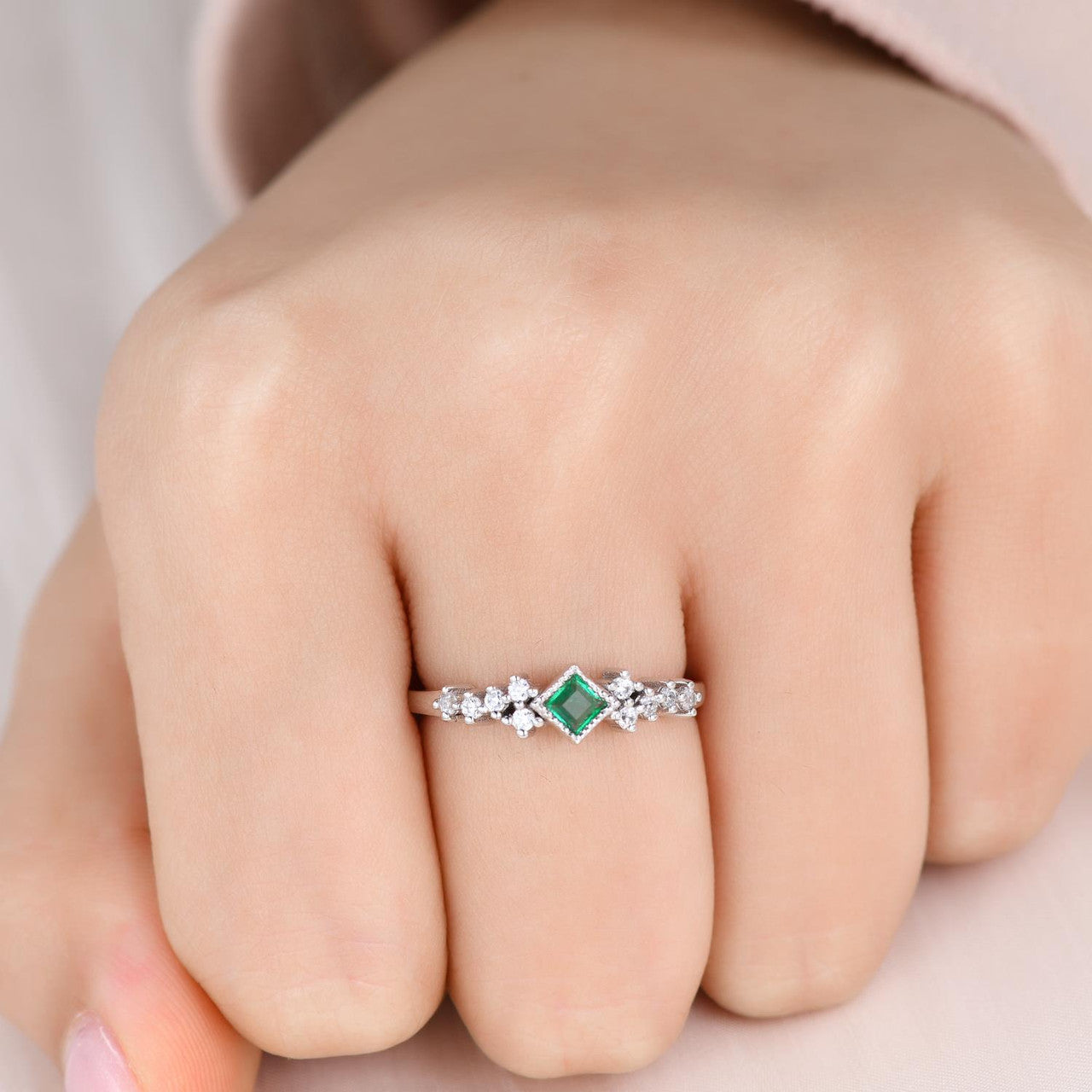 3.5mm Natural Emerald Square Cut Ring for Women - 14K White Gold Minimalist Everyday Jewelry - Perfect for Daily Wear, Office & Special Occasions