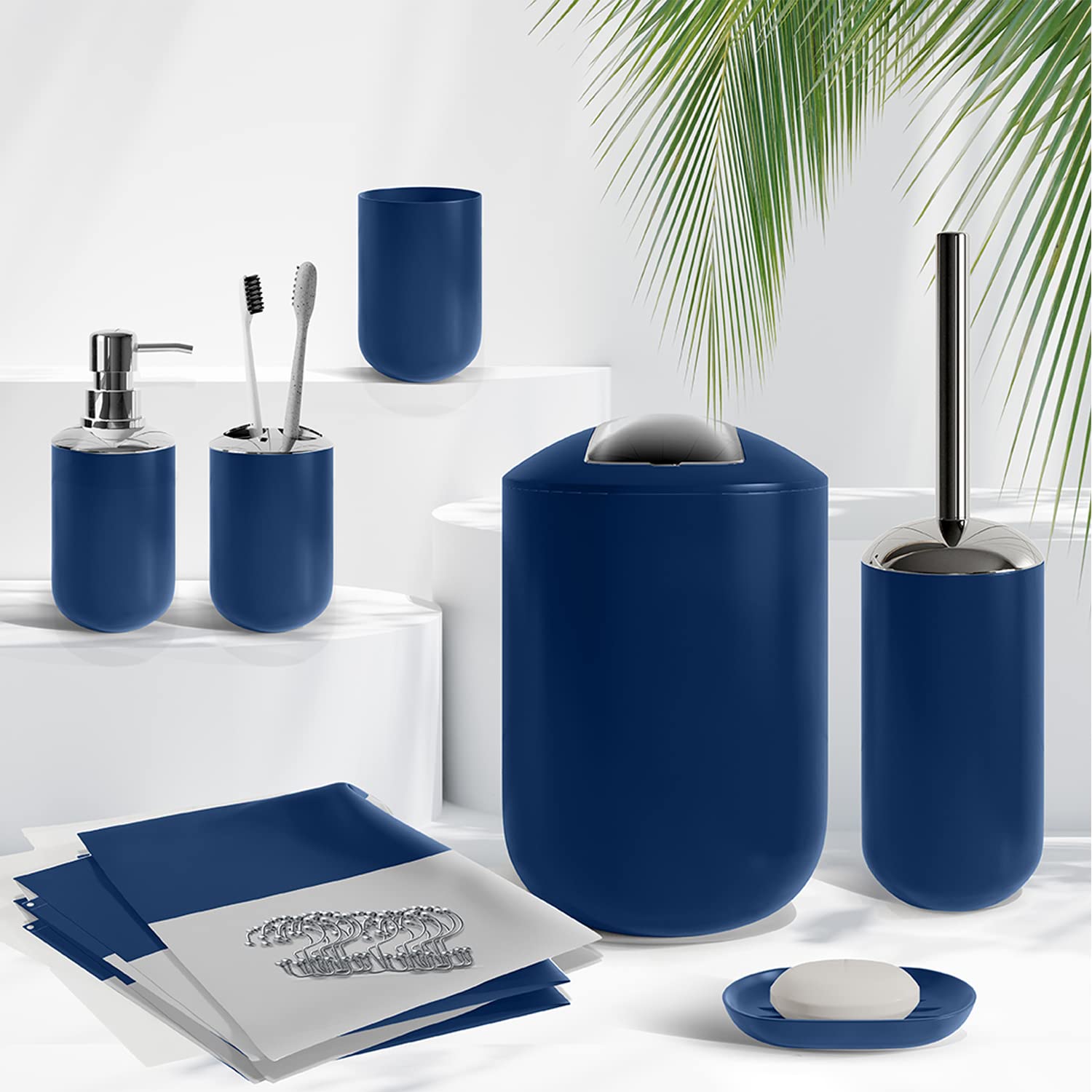 Clara Clark 20-Piece Navy Blue Bathroom Accessory Set - Includes Shower Curtain with Liner, Toothbrush Holder, Soap Dispenser, Soap Dish, Toilet Brush Holder & Waste Bin | Complete Bathroom Decor for Modern Homes, Apartments & Guest Bathrooms