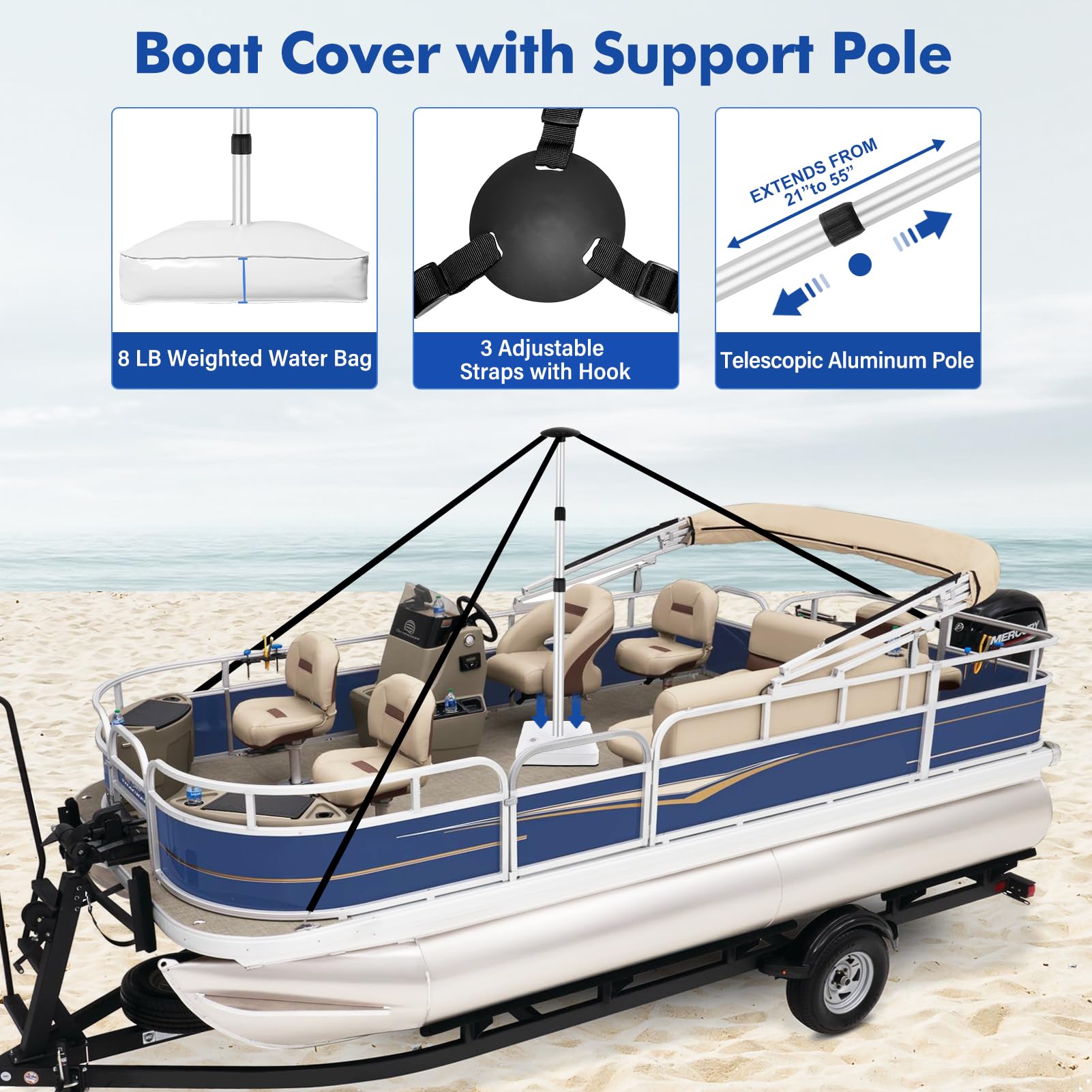 **1200D Heavy Duty Waterproof Pontoon Boat Cover with Support Pole - Fits 25-28ft Boats, Trailerable, Includes Motor Cover (Gray) - Perfect for Mooring, Storage & Outdoor Protection**