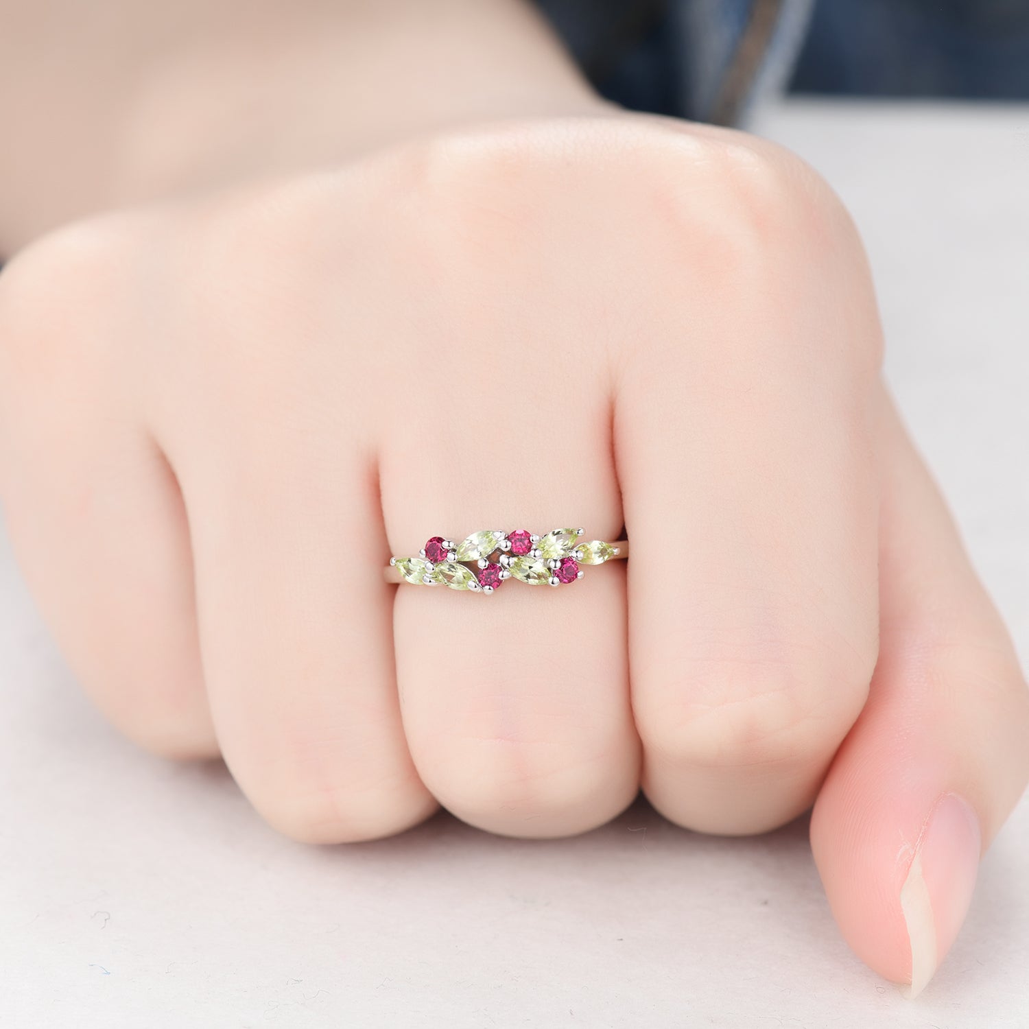 Marquise Peridot and Ruby Cluster Wedding Band Ring in 14K White Gold - Elegant Multicolor Bridal Jewelry for Engagement, Anniversary & Special Occasions