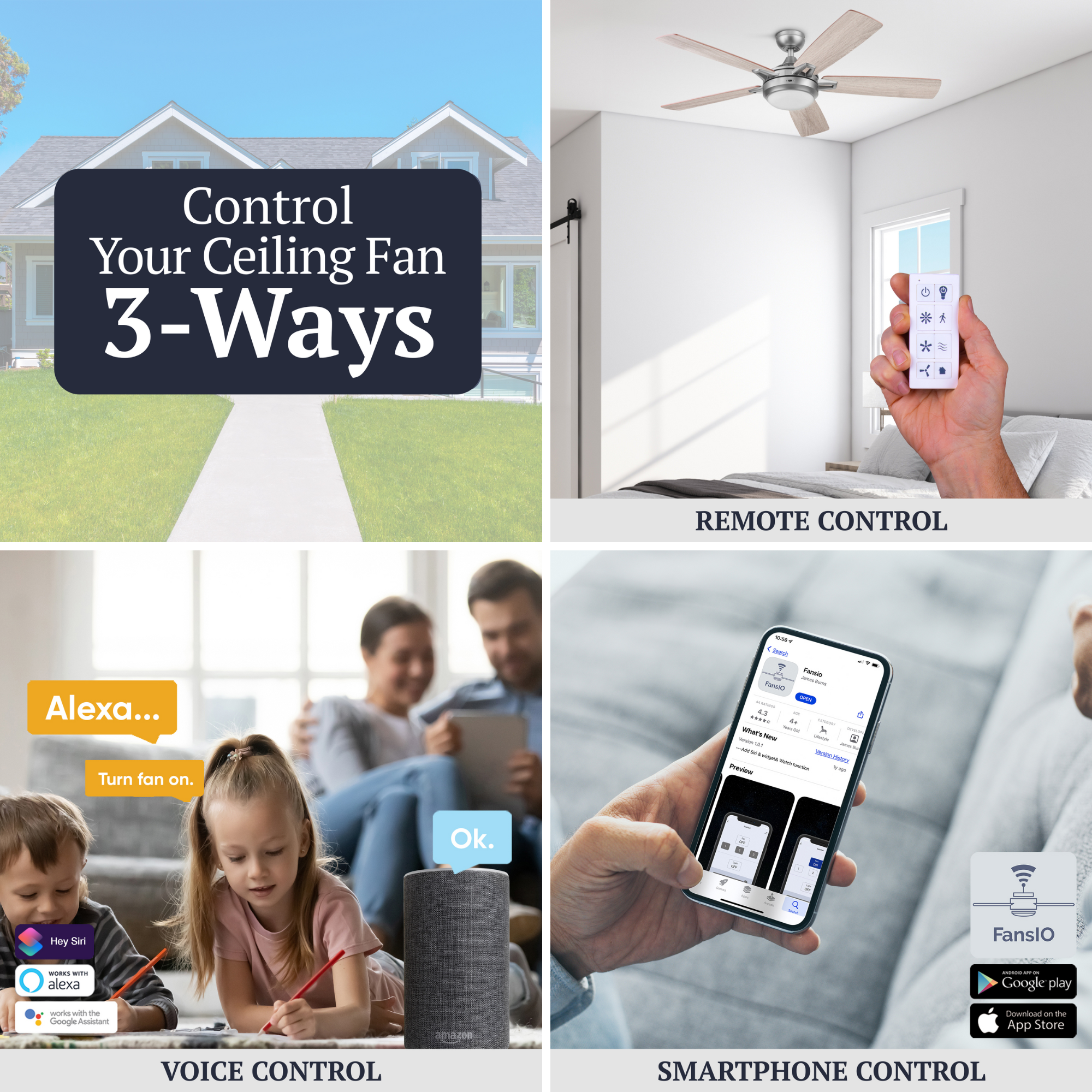 52 Inch Lorelai Smart Ceiling Fan with Remote Control - Silver Finish - Perfect for Living Room, Bedroom & Office Cooling and Air Circulation