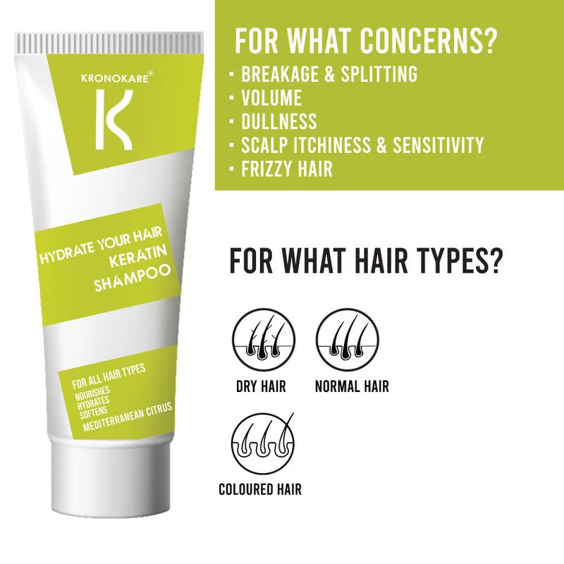 Kronokare Hydrating Keratin Shampoo with Rice Bran, Bergamot & Lemon - Vitamin E Enriched, Sulfate Paraben & Silicone Free (50g) - For Dry, Damaged Hair Repair & Daily Moisturizing