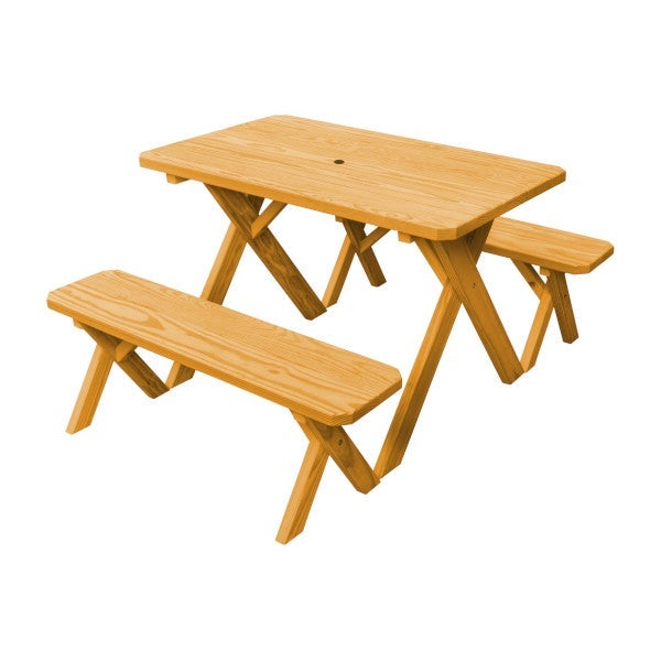 Yellow Pine Cross-Legged Picnic Table with 2 Benches - Outdoor Dining Set for Backyard, Garden, Park & Camping