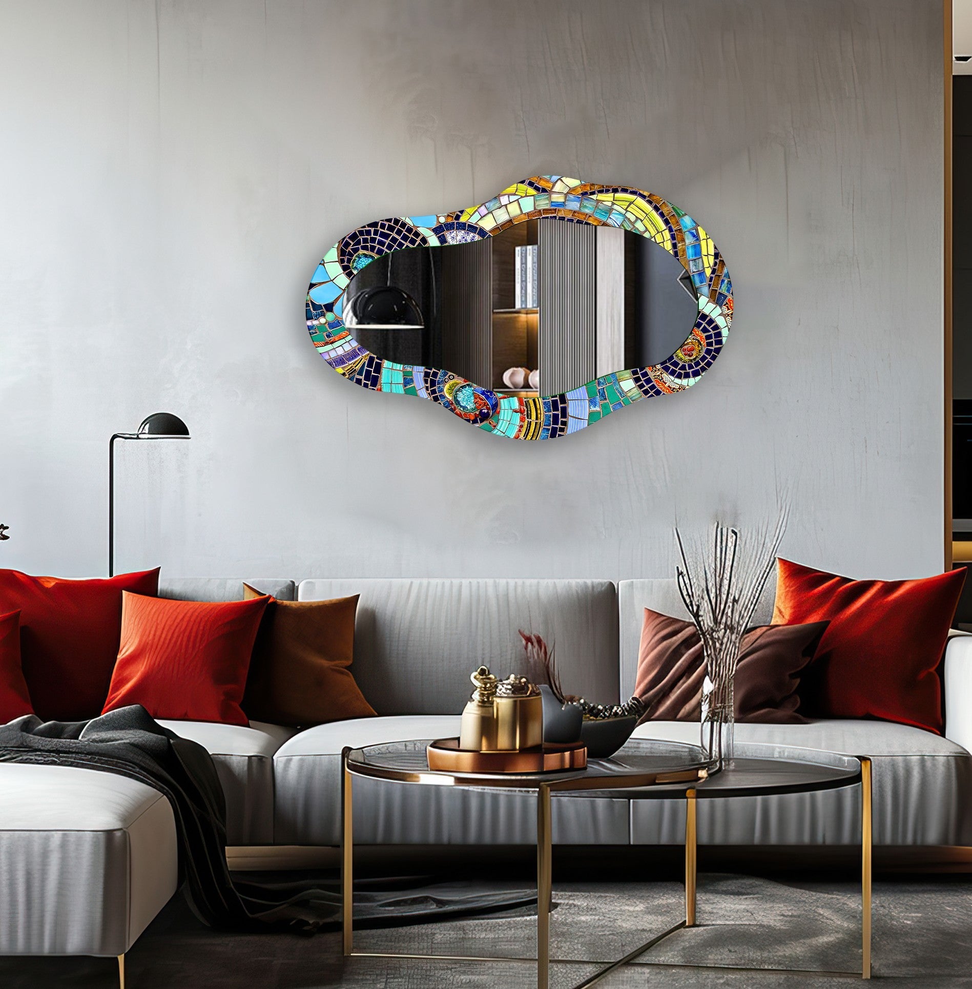 Modern Color Mosaic Asymmetrical Wall Mirror - Unique Decorative Statement Piece for Living Room, Bedroom, or Entryway Decor