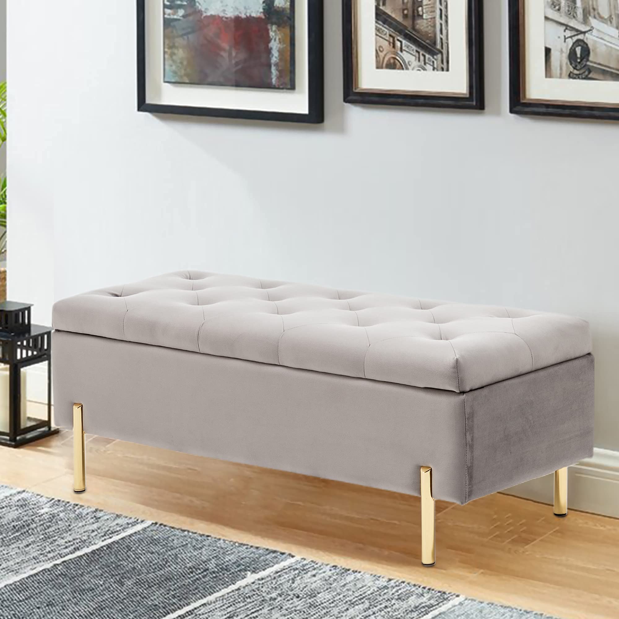 Velvet Upholstered Storage Bench with Metal Legs - Entryway, Bedroom & Living Room Bench - Gray Ottoman for Shoes, Blankets & Home Decor