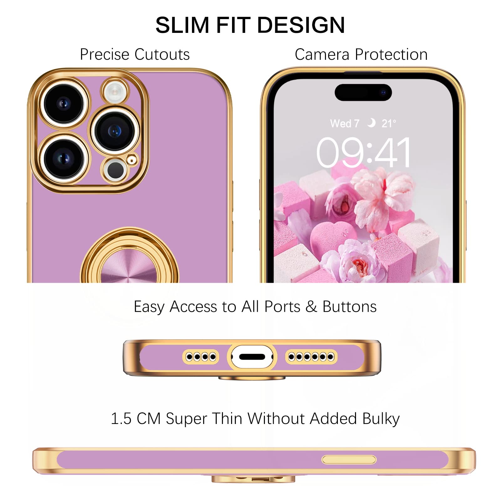 360° Rotating Kickstand iPhone 14 Pro Max Case - Shockproof TPU Bumper with Metal Ring Holder, Slim Flexible Protective Cover (Purple) - Perfect for Workouts, Travel & Everyday Use