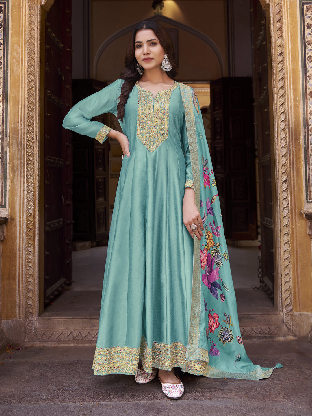 Elegant Aqua Blue Heavy Designer Semi Stitched Anarkali Dress with Intricate Embroidery - Perfect for Weddings, Parties & Special Occasions