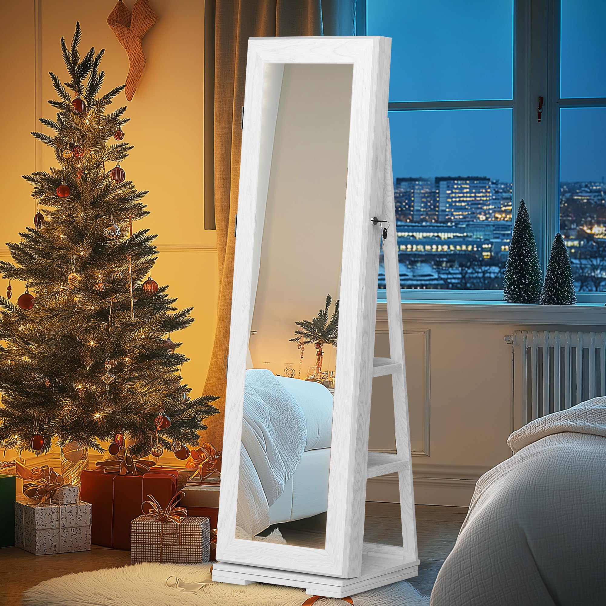 360° Swivel Jewelry Cabinet with Full-Length Mirror - Wooden Jewelry Storage Organizer & Makeup Armoire with Lock - Perfect for Bedroom, Dressing Room & Closet Organization