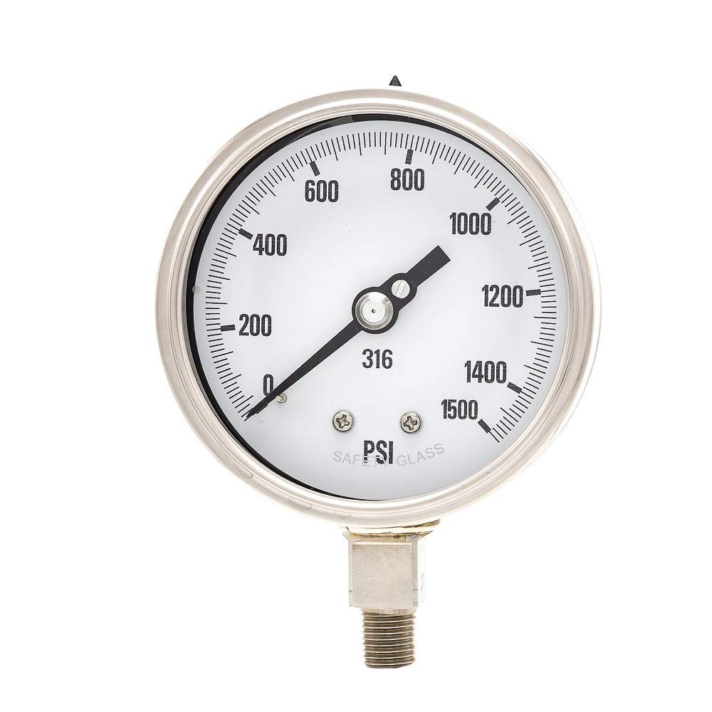 PIC Gauge 4001-4LN-GF 4 Inch Dial Pressure Gauge 0-1500 PSI Range, 1/4 Inch Male NPT Connection, Bottom Mount Glycerin Filled, Stainless Steel Case & Internals, Removable Bezel, Safety Glass Lens - Ideal for Industrial, Hydraulic, and Process Control Applications